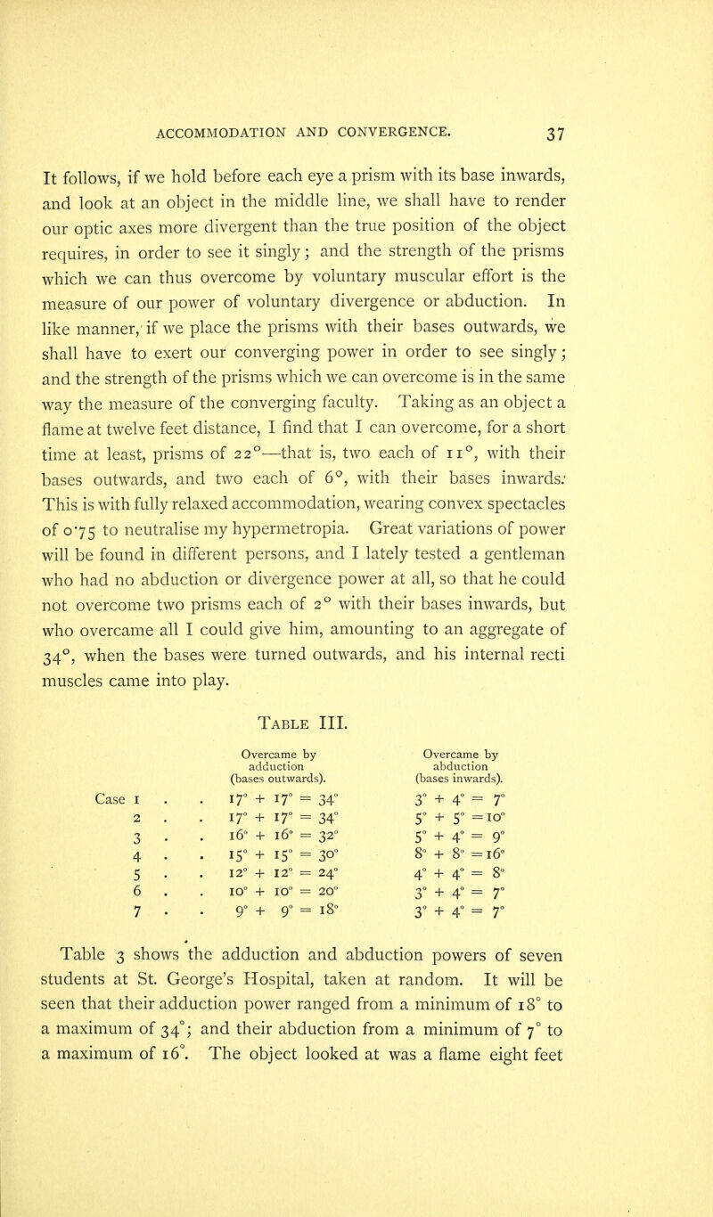 It follows, if we hold before each eye a prism with its base inwards, and look at an object in the middle line, we shall have to render our optic axes more divergent than the true position of the object requires, in order to see it singly; and the strength of the prisms which we can thus overcome by voluntary muscular effort is the measure of our power of voluntary divergence or abduction. In like manner, if we place the prisms with their bases outwards, we shall have to exert our converging power in order to see singly; and the strength of the prisms which we can overcome is in the same way the measure of the converging faculty. Taking as an object a flame at twelve feet distance, I find that I can overcome, for a short time at least, prisms of 22°—that is, two each of n°, with their bases outwards, and two each of 6°, with their bases inwards: This is with fully relaxed accommodation, wearing convex spectacles of 075 to neutralise my hypermetropia. Great variations of power will be found in different persons, and I lately tested a gentleman who had no abduction or divergence power at all, so that he could not overcome two prisms each of 20 with their bases inwards, but who overcame all I could give him, amounting to an aggregate of 340, when the bases were turned outwards, and his internal recti muscles came into play. Table III. Case Overcame by adduction (bases outwards). 17° + 17° = 34° 17° + 17° = 34° 16° + 160 = 320 15° + 15° = 3o° 12° + 12° = 240 IO° + 10° = 20° 9° + 90 = 180 Overcame by abduction (bases inwards). 3° + 4° = 7° 8° = 16° 5° + 5° 5° + 4° 8 + 4° + 4° = 8 3° + 4° = 7 3° + 4° = 7 Table 3 shows the adduction and abduction powers of seven students at St. George's Hospital, taken at random. It will be seen that their adduction power ranged from a minimum of 18° to a maximum of 34°; and their abduction from a minimum of 70 to a maximum of 16°. The object looked at was a flame eight feet