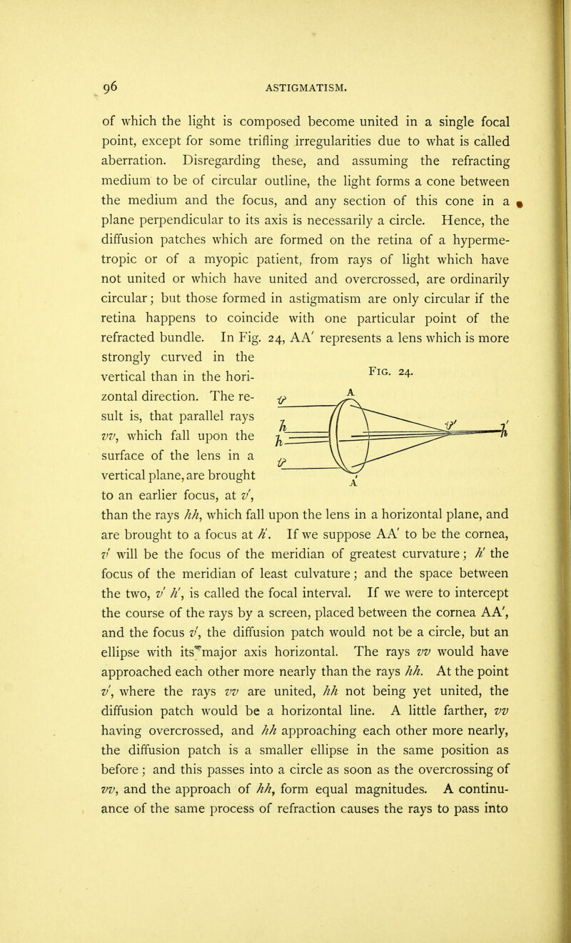 of which the light is composed become united in a single focal point, except for some trifling irregularities due to what is called aberration. Disregarding these, and assuming the refracting medium to be of circular outline, the light forms a cone between the medium and the focus, and any section of this cone in a « plane perpendicular to its axis is necessarily a circle. Hence, the diffusion patches which are formed on the retina of a hyperme- tropic or of a myopic patient, from rays of light which have not united or which have united and overcrossed, are ordinarily circular; but those formed in astigmatism are only circular if the retina happens to coincide with one particular point of the refracted bundle. In Fig. 24, AA' represents a lens which is more strongly curved in the vertical than in the hori- zontal direction. The re- # suit is, that parallel rays vv, which fall upon the ^ surface of the lens in a ,. v vertical plane, are brought to an earlier focus, at v, than the rays hh, which fall upon the lens in a horizontal plane, and are brought to a focus at H. If we suppose A A' to be the cornea, v will be the focus of the meridian of greatest curvature; H the focus of the meridian of least culvature; and the space between the two, v h'j is called the focal interval. If we were to intercept the course of the rays by a screen, placed between the cornea AA', and the focus v, the diffusion patch would not be a circle, but an ellipse with its^major axis horizontal. The rays vv would have approached each other more nearly than the rays hh. At the point v, where the rays vv are united, hh not being yet united, the diffusion patch would be a horizontal line. A little farther, vv having overcrossed, and hh approaching each other more nearly, the diffusion patch is a smaller ellipse in the same position as before; and this passes into a circle as soon as the overcrossing of vv, and the approach of hh, form equal magnitudes. A continu- ance of the same process of refraction causes the rays to pass into