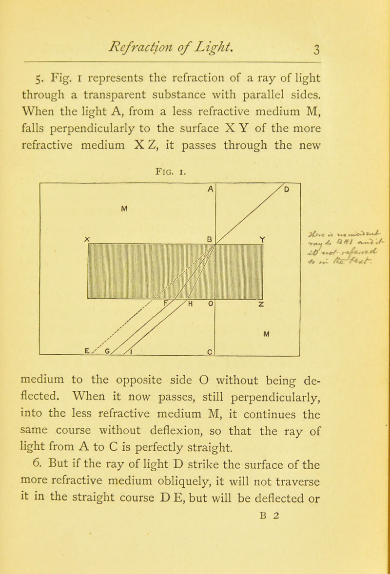 5. Fig. I represents the refraction of a ray of light through a transparent substance with parallel sides. When the light A, from a less refractive medium M, falls perpendicularly to the surface X Y of the more refractive medium X Z, it passes through the new Fig. I. medium to the opposite side O without being de- flected. When it now passes, still perpendicularly, into the less refractive medium M, it continues the same course without deflexion, so that the ray of light from A to C is perfectly straight. 6. But if the ray of light D strike the surface of the more refractive medium obliquely, it will not traverse it in the straight course D E, but will be deflected or B 2