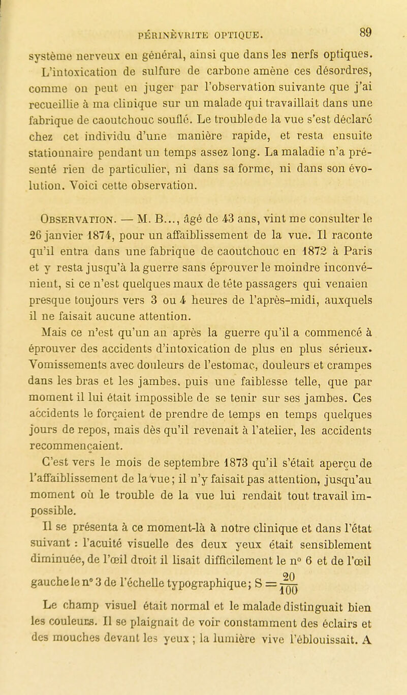 I l PÉRINÈVRITE OPTIQUE. 89 système nerveux eu géuéral, ainsi que dans les nerfs optiques. L'intoxication de sulfure de carbone amène ces désordres, comme on peut en juger par l'observation suivante que j'ai recueillie à ma clinique sur un malade qui travaillait dans une fabrique de caoutchouc souflé. Le trouble de la vue s'est déclaré chez cet individu d'une manière rapide, et resta ensuite stationnaire pendant un temps assez long. La maladie n'a pré- senté rien de particulier, ni dans sa forme, ni dans son évo- lution. Voici cette observation. Observation. — M. B..., âgé de 4-3 ans, vint me consulter le 26 janvier 1874, pour un affaiblissement de la vue. Il raconte qu'il entra dans une fabrique de caoutchouc en -1872 à Paris et y resta jusqu'à la guerre sans éprouver le moindre inconvé- nient, si ce n'est quelques maux de tête passagers qui venaien presque toujours vers 3 ou 4 heures de l'après-midi, auxquels il ne faisait aucune attention. Mais ce n'est qu'un an après la guerre qu'il a commencé à éprouver des accidents d'intoxication de plus en plus sérieux. Vomissements avec douleurs de l'estomac, douleurs et crampes dans les bras et les jambes, puis une faiblesse telle, que par moment il lui était impossible de se tenir sur ses jambes. Ces accidents le forçaient de prendre de temps en temps quelques jours de repos, mais dès qu'il revenait à l'atelier, les accidents recommençaient. C'est vers le mois de septembre 1873 qu'il s'était aperçu de l'affaiblissement de la Vue; il n'y faisait pas attention, jusqu'au moment où le trouble de la vue lui rendait tout travail im- possible. Il se présenta à ce moment-là à notre clinique et dans l'état suivant : l'acuité visuelle des deux yeux était sensiblement diminuée, de l'œil droit il lisait difficilement le n° 6 et de l'œil gauche le n» 3 de l'échelle typographique; S = ^ Le champ visuel était normal et le malade distinguait bien les couleuEs. Il se plaignait de voir constamment des éclairs et des mouches devant les yeux ; la lumière vive Téblouissait. A