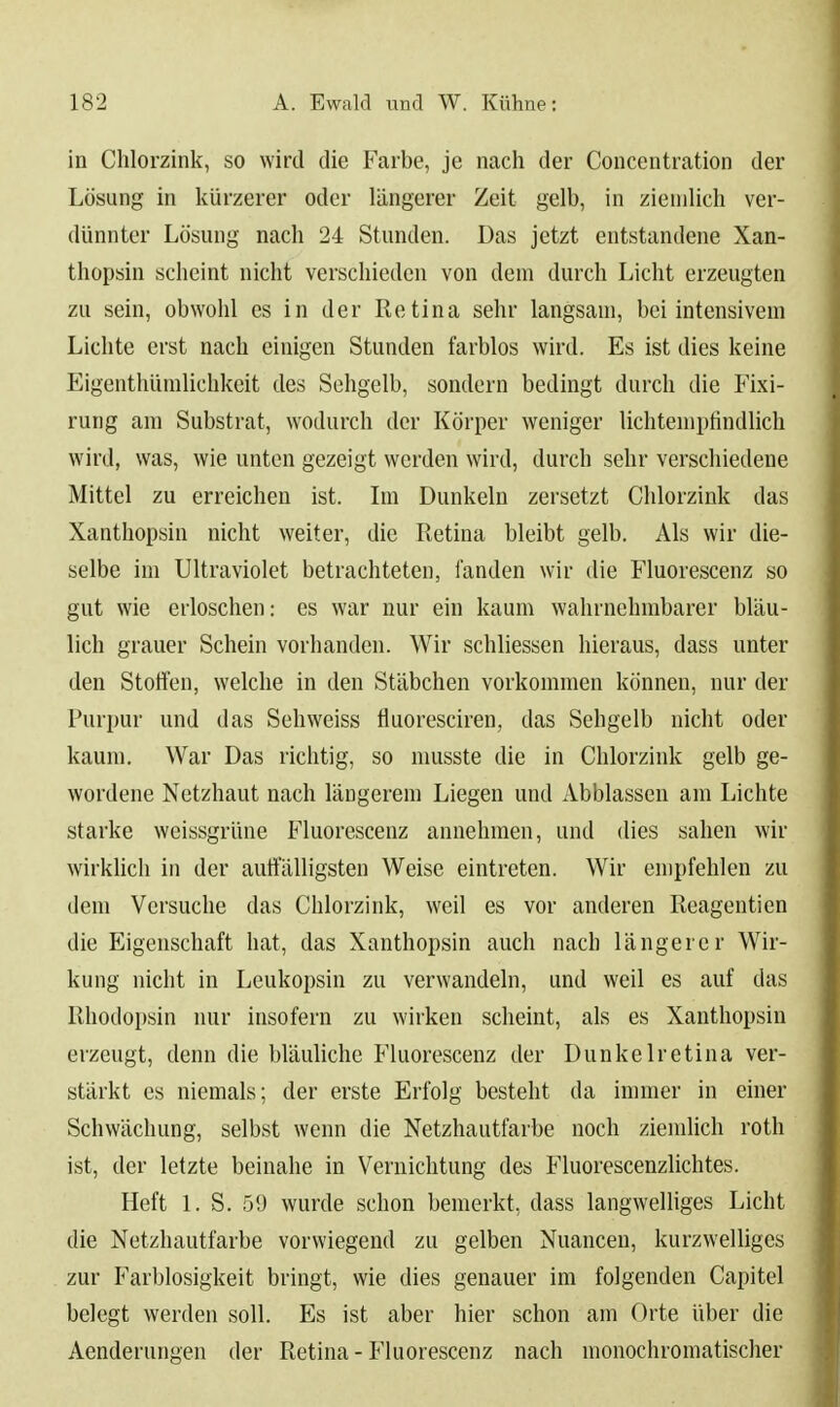 in Chlorzink, so wird die Farbe, je nach der Concentration der Lösung in kürzerer oder längerer Zeit gelb, in ziemlich ver- dünnter Lösung nach 24 Stunden. Das jetzt entstandene Xan- thopsin scheint nicht verschieden von dem durch Licht erzeugten zu sein, ob\Yolil es in der Retina sehr langsam, bei intensivem Lichte erst nach einigen Stunden farblos wird. Es ist dies keine Eigenthümlichkeit des Sehgelb, sondern bedingt durch die Fixi- rung am Substrat, wodurch der Körper weniger lichtemptindlich wird, was, wie unten gezeigt werden wird, durch sehr verschiedene Mittel zu erreichen ist. Im Dunkeln zersetzt Clilorzink das Xanthopsin nicht weiter, die Retina bleibt gelb. Als wir die- selbe im Ultraviolet betrachteten, fanden wir die Fluorescenz so gut wie erloschen: es war nur ein kaum wahrnehmbarer bläu- lich grauer Schein vorhanden. Wir schliessen hieraus, dass unter den Stoffen, welche in den Stäbchen vorkommen können, nur der Purpur und das Sehweiss fluoresciren, das Sehgelb nicht oder kaum. War Das richtig, so nuisste die in Chlorzink gelb ge- wordene Netzhaut nach längerem Liegen und Abblassen am Lichte starke weissgrüne Fluorescenz annehmen, und dies sahen wir wirklich in der auffälligsten Weise eintreten. Wir empfehlen zu dem Versuche das Chlorzink, weil es vor anderen Reagentien die Eigenschaft hat, das Xanthopsin auch nach längerer Wir- kung nicht in Leukopsin zu verwandeln, und weil es auf das Rhodopsin nur insofern zu wirken scheint, als es Xanthopsin erzeugt, denn die bläuliche P'luorescenz der Dunkelretina ver- stärkt es niemals; der erste Erfolg besteht da immer in einer Schwächung, selbst wenn die Netzhautfarbe noch ziemlich roth ist, der letzte beinahe in Vernichtung des Fluorescenzlichtes. Heft 1. S. 59 wurde schon bemerkt, dass langwelliges Licht die Netzhautfarbe vorwiegend zu gelben Nuancen, kurzwelliges zur Farblosigkeit bringt, wie dies genauer im folgenden Capitel belegt werden soll. Es ist aber hier schon am Orte über die Aenderungen der Retina - Fluorescenz nach monochromatischer