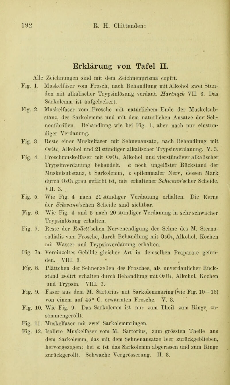 Erklärung von Tafel II. Alle Zeichnungen sind mit dem Zeichnenprisma copirt. Fig. 1. Muskelfaser vom Frosch, nach Behandlung mit Alkohol zwei Stun- den mit alkalischer Try|)sinlösung verdaut. Hartnack VII. 3. Das Sarkolemm ist aufgelockert. Fig. 2. Muskelfaser vom Frosche mit natürlichem Ende der Muskelsub- stanz, des Sarkolemms und mit dem natürlichen Ansätze der Seh- neufibrillen. Behandlung wie hei Fig. 1, aber nach nur einstün- diger Verdauung. Fig. 3. Beste einer Muskelfaser mit Sehnenansatz, nach Behandlung mit OsOi, Alkohol und 21 stündiger alkalischer Trypsinverdauung. V. 3. Fig. 4. Froschmuskelfaser mit Os04, Alkohol und vierstündiger alkalischer Trypsinverdauung behandelt, a noch ungelöster Kückstand der Muskelsubstanz, h Sarkolemm, c epilemmaler Nerv, dessen Mark durch Os04 grau gefärbt ist, mit erhaltener ScliKann'?,c\\er Scheide. VII. 3. . Fig. 5. Wie Fig. 4 nach 21 stündiger Verdauung erhalten. Die Kerne der Schivann'?,chen Scheide sind sichtbar. Fig. 6. Wie Fig. 4 und 5 nach 20 stündiger Verdauung in sehr schwacher Trypsinlösung erhalten. Fig. 7. Reste der i?oZZeii'schen Nervenendigung der Sehne des M. Sterno- radialis vom Frosche, durch Behandlung mit OsÜ4, Alkohol, Kochen mit Wasser und Trypsinverdauung erhalten. Fig. 7a. Vereinzeltes Gebilde gleicher Art in demselben Präparate gefun- den. VIII. 3. • . Fig. 8. Plättchen der Sehnenzellen des Frosches, als unverdaulicher Rück- stand isolirt erhalten durcli Behandlung mit Os04, Alkohol, Kochen und Trypsin. VIII. 3. Fig. 9. Faser aus dem M. Sartorius mit Sarkolemmaring (wie Fig. 10—13) von einem auf 45 C. erwärmten Frosche. V. 3. Fig. 10. Wie Fig. 9. Das Sarkolemm ist nur zum Theil zum Ringe zu- sammengerollt. Fig. 11. Muskelfaser mit zwei Sarkolemmringen. Fig. 12. Isolirte Muskelfaser vom M. Sartorius, zum grössten Theile aus dem Sarkolemm, das mit dem Sehnenansatze leer zurückgeblieben, hervoi'gezogen; bei a ist das Sarkolemm abgerissen und zum Ringe zurückgerollt. Schwache Vergrösserung. II. 3.