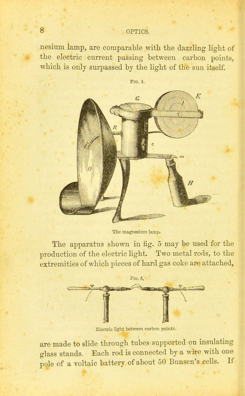 nesium lamp, are comparable with the dazzling light of the electric current passing between carbon points, which is only surpassed by the light of the sun itself. Fig. 4. The magnesium lamp. The apparatus shown in fig. 5 may be used for the production of the electric light. Two metal rods, to the extremities of which pieces of hard gas coke are attached, Fig. 5. Electric light between carbon points. are made to slide through tubes supported on insulating glass stands. Each rod is connected by a wire with one pole of a voltaic battery of about 50 Bunsen's cells. If