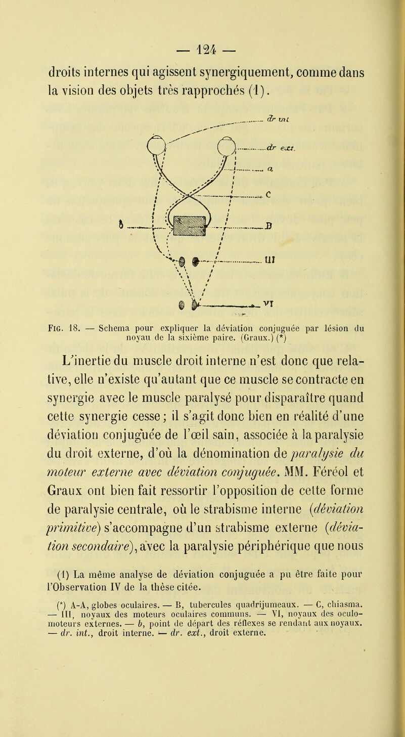 droits internes qui agissent synergiquement, comme dans la vision des objets très rapprochés (1). ._ dr mt \\ t FiG. 18. — Schéma pour expliquer la déviation conjuguée par lésion du noyau de la sixième paire. (Graux.) (*) L'inertie du muscle droit interne n'est donc que rela- tive, elle n'existe qu'autant que ce muscle se contracte en synergie avec le muscle paralysé pour disparaître quand cette synergie cesse; il s'agit donc bien en réalité d'une déviation conjuguée de l'œil sain, associée à la paralysie du droit externe, d'où la dénomination de paralysie du moteur externe avec déviation conjuguée. MM. Féréol et Graux ont bien fait ressortir l'opposition de celte forme de paralysie centrale, où le strabisme interne {déviation primitive) s'accompagne d'un strabisme externe {dévia- tion secondaire), avec la paralysie périphérique que nous (1) La même analyse de déviation conjuguée a pu être faite pour l'Observation IV de la thèse citée. (*) A-A, globes oculaires. — B, tubercules quadrijumeaux. — C, chiasma. — III, noyaux des moteurs oculaires communs. — VI, noyaux des oculo- moteurs externes. — b, point de départ des réflexes se rendant aux noyaux. — dr. int., droit interne. dr. ext., droit externe.