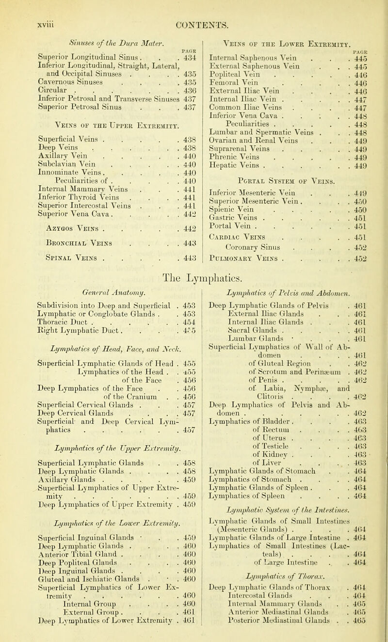 Smuses of the Dura Muter. PAGE Superior Longitudinal Sinus . . . 434 Inferior Longitudinal, Straight, Lateral, and Occipital Sinuses . . . . 435 Cavernous Sinuses .... 435 Circular 436 Inferior Petrosal and Transverse Sinuses 437 Superior Petrosal Sinus . . . 437 Veins of the Upper Extremity. Superficial Veins ..... 438 Deep Veins ...... 438 Axillary Vein 440 Subclavian Vein ..... 440 Innominate Veins..... 440 Peculiarities of . . . . . 440 Internal Mammary Veins . . . 441 Inferior Thyroid Veins . . . . 441 Superior Intercostal Veins . . . 441 Superior Vena Cava..... 442 Azygos Veins 442 Bronchial Veins . . . . 443 Spinal Veins 443 Subdivision into Deep and Superficial . 453 Lymphatic or Conglobate Glands . . 453 Thoracic Duct 454 Right Lymphatic Duct.... 4£5 Lymphatics of Head, Face, and Neck. Superficial Lymphatic Glands of Head . 455 Lymphatics of the Head . . ^55 of the Face . 456 Deep Lymphatics of the Face . . 456 of the Cranium . . 456 Superficial Cervical Glands . . . 457 Deep Cervical Glands . . . . 457 Superficial and Deep Cervical Lym- phatics ...... 457 Lymphatics of the Upper Extremity. Superficial Lymphatic Glands . . 458 Deep Lymphatic Glands . . . . 458 Axillary Glands ...... 459 Superficial Lymphatics of Upper Extre- mity ....... 459 Deep Lymphatics of Upper Extremity . 459 Lymphatics of the Lower Extremity. Superficial Inguinal Glands • . . 459 Deep Lymphatic Glands . . . . 460 Anterior Tibial Gland .... 460 Deep Popliteal Glands . . . . 460 Deep Inguinal Glands .... 460 Gluteal and Ischiadic Glands . ■ . 460 Superficial Lymphatics of Lower Ex- tremity ...... 460 Internal Group . . . . 4(50 External Group. . . .461 Deep Lymphatics of Lower Extremity . 461 Veins of the Lower Extremity. PAGE Internal Saphenous Vein . . . 44.5 External Saphenous Vein . . . 445 Popliteal Vein 446 Femoral Vein 446 External Iliac Vein .... 446 Internal Iliac Vein . . . . . 447 Common Iliac Veins .... 447 Inferior Vena Cava . . : . . 448 Peculiarities 448 Lumbar and Spermatic Veins . . . 448 Ovarian and Renal Veins . . . 449 Suprarenal Veins . . . . 449 Phrenic Veins 449 Hepatic Veins 449 Portal System of Veins. Inferior Mesenteric Vein . . .4)9 Superior Mesenteric Vein . . . . 450 Splenic Vein ..... 450 Gastric Veins . . . . . 451 Portal Vein 451 Cardiac Veins 451 Coronary Sinus .... 452 Pulmonary Veins 452 Deep Lymphatic Glands of Pelvis . 461 External Iliac Glands . . . 461 Internal Iliac Glands . . . 461 Sacral Glands 461 Lumbar Glands ■ . . .461 Superficial Lymphatics of Wall of Ab- domen . . . . 461 of Gluteal Region . . 462 of Scrotum and Perinaeum . 4(52 of Penis 462 of Labia, Nymphse, and Clitoris .... 402 Deep Lymphatics of Pelvis and Ab- domen . . . . . . . 462 Lymphatics of Bladder .... 463 of Rectum . . . . 403 of Uterus .... 463 of Testicle . . . . 4(53 of Kidney . . . .463 of Liver . . ... 463 Lymphatic Glands of Stomach . . 464 Lymphatics of Stomach . . . . 464 Lymphatic Glands of Spleen . . . 464 Lymphatics of Spleen . . . . 464 Lymphatic System of the Intestines. Lymphatic Glands of Small Intestines (Mesenteric Glands) .... 4(>4 Lymphatic Glands of Large Intestine . 464 Lymphatics of Small Intestines (Lac- teals) .... 464 1 if Large Intestine . . 464 Lymphatics of Thorax. Deep Lymphatic Glands of Thorax . 464 Intercostal Glands . . . 4(54 Internal Mammary Glands . . 465 Anterior Mediastinal Glands . 465 Posterior Mediastinal Glands . . 465 General Anatomy. The Lymphatics. Lymphatics of Pelvis and Abdomen.
