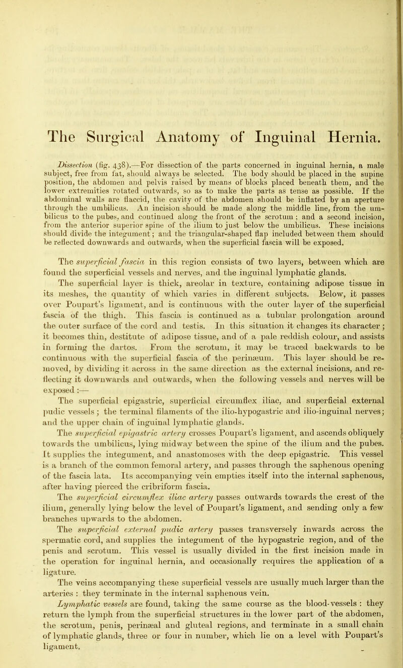 The Surgical Anatomy of Inguinal Hernia. Dissection (fig. 438).—For dissection of the parts concerned in inguinal hernia, a male subject, free from fat, should always he selected. The body should be placed in the supine position, the abdomen and pelvis raised by means of blocks placed beneath them, and the lower extremities rotated outwards, so as to make the parts as tense as possible. If the abdominal walls are flaccid, the cavity of the abdomen should be inflated by an aperture through the umbilicus. An incision should be made along the middle line, from the um- bilicus to the pubes, and continued along the front of the scrotum ; and a second incision, from the anterior superior spine of the ilium to just below the umbilicus. These incisions should divide the integument; and the triangular-shaped flap included between them should be reflected downwards and outwards, when the superficial fascia will be exposed. The superficial fascia in this region consists of two layers, between which are found the superficial vessels and nerves, and the inguinal lymphatic glands. The superficial layer is thick, areolar in texture, containing adipose tissue in its meshes, the quantity of which varies in different subjects. Below, it passes over Puupart's ligament, and is continuous with the outer layer of the superficial fascia of the thigh. This fascia is continued as a tubular prolongation around the outer surface of the cord and testis. In this situation it changes its character ; it becomes thin, destitute of adipose tissue, and of a pale reddish colour, and assists in forming the dartos. From the scrotum, it may be traced backwards to be continuous with the superficial fascia of the perinseum. This layer should be re- moved, by dividing it across in the same direction as the external incisions, and re- flecting it downwards and outwards, when the following vessels and nerves will be exposed :— The superficial epigastric, superficial circumflex iliac, and superficial external pudic vessels; the terminal filaments of the ilio-hypogastric and ilio-inguinal nerves; and the upper chain of inguinal lymphatic glands. The superficial epigastric artery crosses Poupart's ligament, and ascends obliquely towards the umbilicus, lying midway between the spine of the ilium and the pubes. It supplies the integument, and anastomoses with the deep epigastric. This vessel is a branch of the common femoral artery, and passes through the saphenous opening of the fascia lata. Its accompanying vein empties itself into the internal saphenous, after having pierced the cribriform fascia. The superficial circumflex iliac artery passes outwards towards the crest of the ilium, generally lying below the level of Poupart's ligament, and sending only a few branches upwards to the abdomen. The superficial external pudic artery passes transversely inwards across the spermatic cord, and supplies the integument of the hypogastric region, and of the penis and scrotum. This vessel is usually divided in the first incision made in the operation for inguinal hernia, and occasionally requires the application of a ligature. The veins accompanying these superficial vessels are usually much larger than the arteries : they terminate in the internal saphenous vein. Lymphatic vessels are found, taking the same course as the blood-vessels : they return the lymph from the superficial structures in the lower part of the abdomen, the scrotum, penis, perinseal and gluteal regions, and terminate in a small chain of lymphatic glands, three or four in number, which lie on a level with Poupart's ligament.