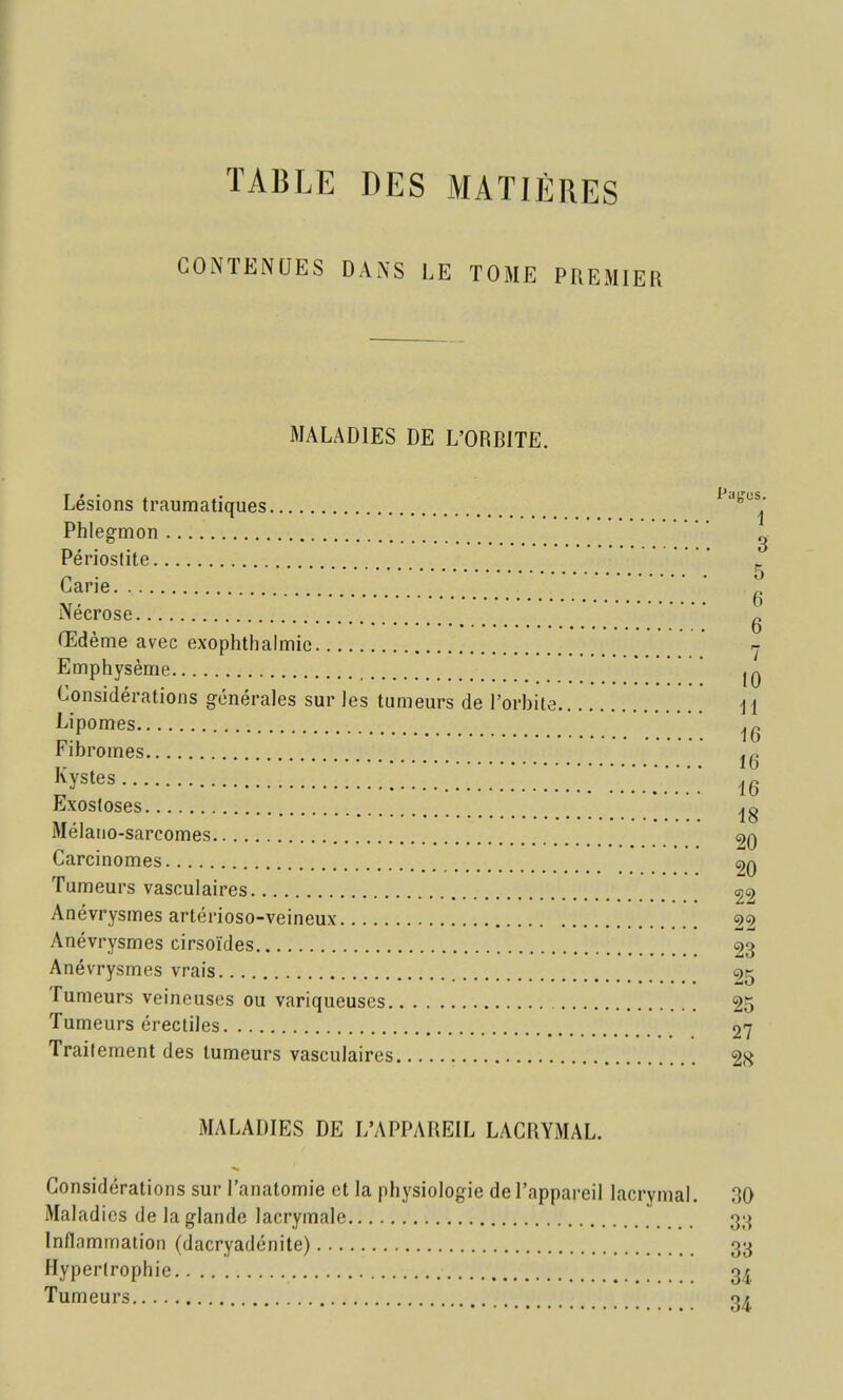 TABLE DES MATIÈRES CONTENUES DANS LE TOME PREMIER MALADIES DE L'ORRITE. Lésions traumatiques Phlegmon Périostite Carie Nécrose Œdème avec exophthalmic Emphysème Considérations générales sur les tumeurs de l'orbite Lipomes Fibromes Kystes Exostoses Mélano-sarcomes Carcinomes Tumeurs vasculaires Anévrysmes artérioso-veineux Anévrysmes cirsoïdes Anévrysmes vrais Tumeurs veineuses ou variqueuses Tumeurs érectiles Traitement des tumeurs vasculaires MALADIES DE L'APPAREIL LACRYMAL. Considérations sur l'anatomie et la physiologie de l'appareil lacrymal. Maladies de la glande lacrymale Inflammation (dacryadénite) Hypertrophie Tumeurs