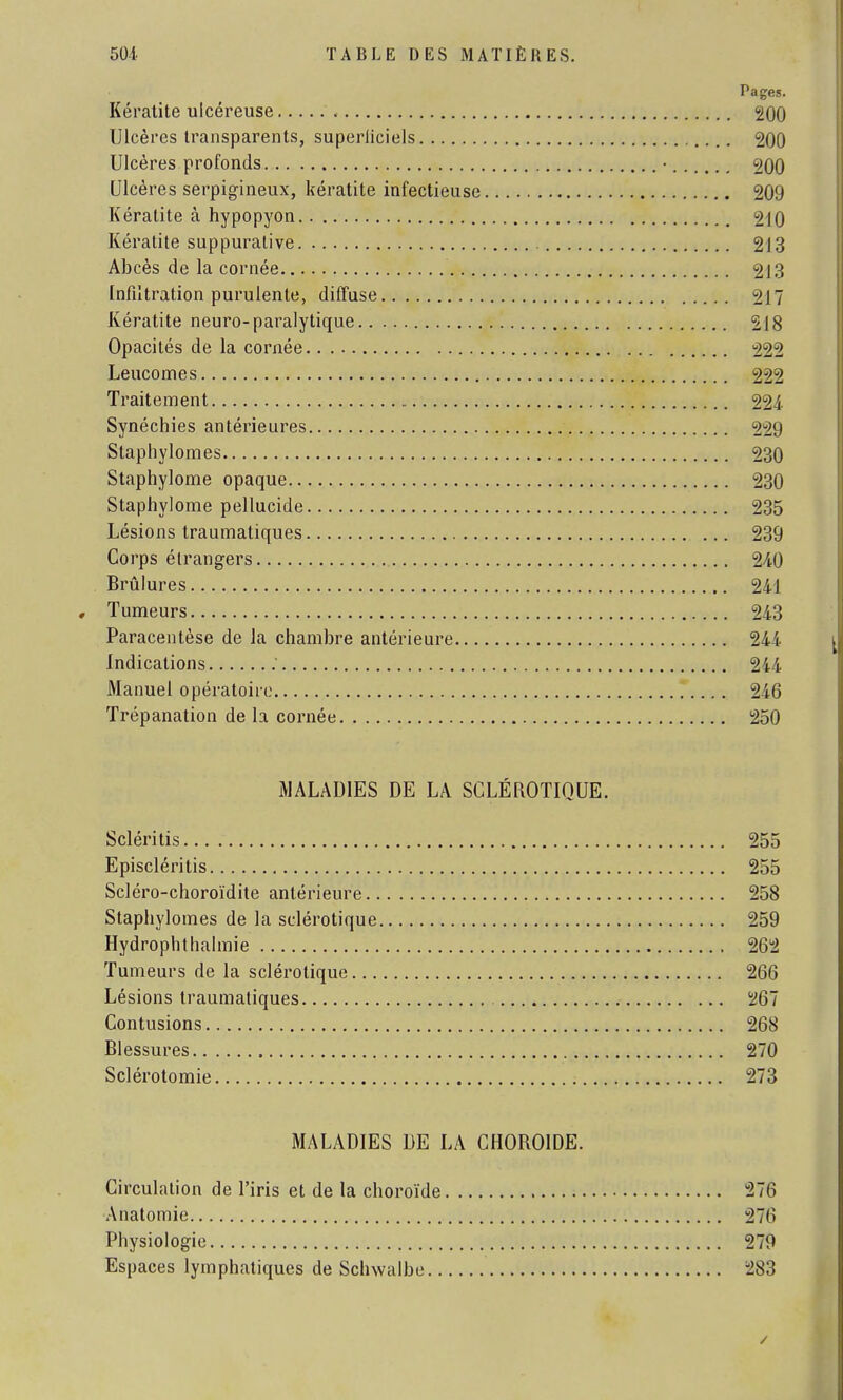 Pages. Kératite ulcéreuse 200 Ulcères transparents, superficiels 200 Ulcères profonds • 200 Ulcères serpigineux, kératite infectieuse 209 Kératite à hypopyon 210 Kératite suppurative 213 Abcès de la cornée 213 Infiltration purulente, diffuse 217 Kératite neuro-paralytique 218 Opacités de la cornée 225 Leucomes 222 Traitement 224 Synéchies antérieures 229 Staphylomes 230 Staphylome opaque 230 Staphylome pellucide 235 Lésions traumatiques 239 Corps étrangers 24-0 Brûlures 241 , Tumeurs 243 Paracentèse de la chambre antérieure 244 Indications 244 Manuel opératoire 246 Trépanation de la cornée 250 MALADIES DE LA SCLÉROTIQUE. Scléritis 255 Episcléritis 255 Scléro-choroïdite antérieure 258 Staphylomes de la sclérotique 259 Hydrophthalmie 262 Tumeurs de la sclérotique 266 Lésions traumatiques 267 Contusions 268 Blessures 270 Sclérotomie 273 MALADIES DE LA CHOROÏDE. Circulation de l'iris et de la choroïde 276 Anatomie 276 Physiologie 279 Espaces lymphatiques de Schwalbe 283