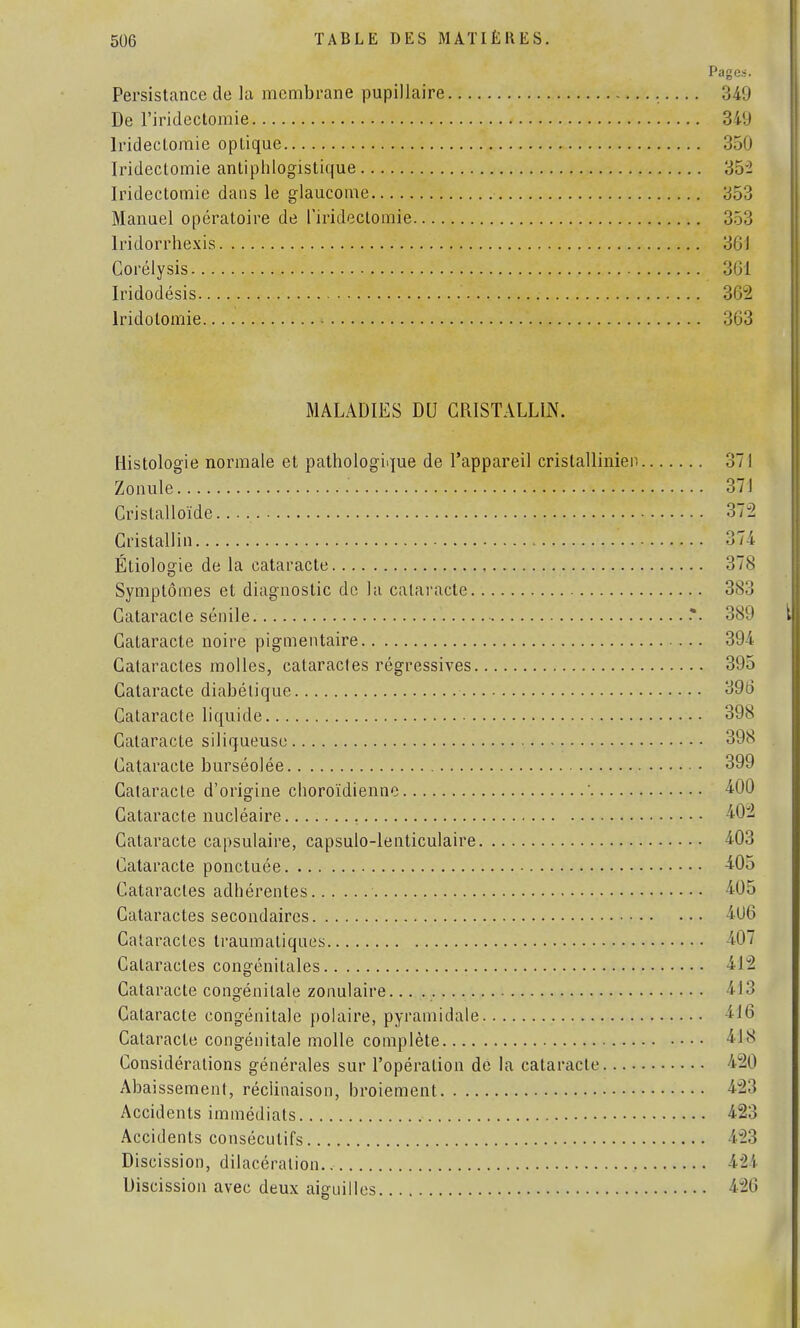 Pages. Persistance de la membrane pupillaire 349 De l'iridectomie 349 Irideclomie optique 350 Iridectomie antiphlogistique 352 Iridectomie dans le glaucome 353 Manuel opératoire de l'iridectomie 353 lridorrhexis 361 Corélysis 361 Iridodésis 362 lridolomie 363 MALADIES DU CRISTALLIN. Histologie normale et pathologique de l'appareil cristallinien 371 Zonule 371 Crislalloïde 372 Cristallin 374 Étiologie de la cataracte 378 Symptômes et diagnostic de la cataracte 383 Cataracte sénile •• 389 Cataracte noire pigmentaire 394 Cataractes molles, cataracles régressives 395 Cataracte diabétique 396 Cataracte liquide 398 Cataracte siliqueuse 398 Cataracte burséolée 399 Cataracte d'origine choroïdienne ' 400 Cataracte nucléaire 402 Cataracte capsulaire, capsulo-lenticulaire 403 Cataracte ponctuée 405 Cataractes adhérentes 405 Cataractes secondaires 406 Cataractes traumaliques 407 Cataractes congénitales 412 Cataracte congénitale zonulaire... 413 Cataracte congénitale polaire, pyramidale 416 Cataracte congénitale molle complète 41-8 Considérations générales sur l'opération de la cataracte 420 Abaissement, réclinaison, broiement 423 Accidents immédiats 423 Accidents consécutifs 423 Discission, dilacération 424 Discission avec deux aiguilles 426