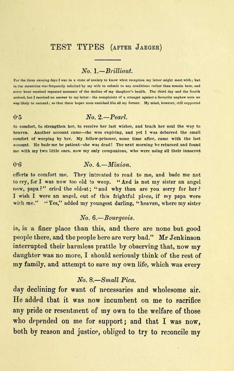 TEST TYPES (after Jaeger) No. 1.—Brilliant. For the three ensuing days I wa? in a Rtate of anxiety to know what reception my letter might meet with; but in the meantime was frequently solicited by my wife to submit to any conditions rather than remain here, and every hour received repeated accounts of the decline of my daughter's health. The third day and the fourth arrived, but I received no answer to my letter: the complaints of a stranger against a favourite nephew were no way likely to succeed; so that these hopes soon vanished like all my former. My mind, however, still supported 0-5 No. 2.—Pea7'l. to comfort, to strengthen her, to receive her last wishes, and teach her soul the way to heaven. Another account came—she was expiring, and yet I was debarred the small comfort of weeping by her. My. fellow-prisoner, some time after, came with the last account. He bade me be patient—she was dead! The next morning he returned and found me with my two little ones, now my only companions, who were using all their innocent 0-6 No. 4<.—Minion. efforts to comfort me. They intreated to read to me, and bade me not to cry, for I was now too old to weep.  And is not my sister an angel now, papa? cried the eldest; and why then are you sorry for her? I wish I were an angrel, out of this frightful place, if my papa were with me. 'Yes, added my youngest darling, heaven, where my sister No. 6.—Bourgeois. is, is a finer place than this, and there are none but good people there, and the people here are very bad. Mr Jenkinson interrupted their harmless prattle by observing that, now my daughter was no more, I should seriously think of the rest of my family, and attempt to save my own life, which was every No. 8.—Small Pica. day declining for want of necessaries and wholesome air. He added that it was now incumbent on me to sacrifice any pride or resentment of my own to the welfare of those who depended on me for support; and that I was now, both by reason and justice, obliged to try to reconcile my