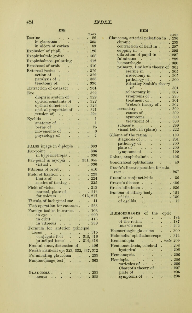 ESE PAGE Eserine .... .86 in glaucoma .... 305 in ulcers of cornea . .89 Exclusion of pupil . . . 126 Exophthalmic goitre . . . 406 Exophthalmos, pulsating . .412 Exostoses of orbit . . .410 External rectus . . . .379 action of ... . 379 paralysis of . . . . 386 tenotomy of ... 396 Extraction of cataract . . . 264 Eye . . . . . . 322 dioptric system of . . 322 optical constants of . . 322 optical defects of . . . 326 optical properties of . .321 tension o^ . , . . . 294 Eyelids 1 anatomy of . . . .1 burns of .... 26 movements of . . ,3 physiology of ... 1 False image in diplopia . . 383 Far-point 336 in hypermetropia . . . 336 Far-point in myopia . . 331, 355 virtual ..... 336 Fibroma of orbit.... 410 Field of fixation . . . . . 223 hmits of ... . 224 modes of testing . . 225 Field of vision 213 normal, plate of . . .216 for colours . . . 213, 217 Fistula of lachrymal sac . . 44 Flap operation for cataract. . 265 Foreign bodies in cornea . . 106 in eye 290 in orbit .... 413 in vitreous ... . . 289 Formula for anterior principal focus . . . . . 315 conjugate foci . . 315, 316 piincipal focus . . 314, 318 Frontal sinus, distension of . . 406 Frost's artificial eye 323, 332, 337, 372 Fulminating glaucoma . . 299 Fundus-image test . . . 363 Glaucoma 293 -acute . » , . . .299 HEM PAGE Glaucoma, arterial pulsation in . 296 chronic 299 contraction of field in . . 297 cupping in . , . . 295 dilatation of pupil in . . 297 fulminans .... 299 haemorrhagic . . . 300 primary, Brailey's theory of 301 eserine in . . . 305 iridectomy in . . 305 pathology of . . . 300 Priestley Smith's theory of . . . .301 sclerotomy in , . 307 symptoms of . . .293 treatment of . . . 304 Weber's theory of . . 302 secondary .... 309 causes of . . . .309 symptoms . . . 309 treatment of . . . 309 subacute .... 299 visual field in (plate) . .222 Glioma of the retina . . .199 diagnosis of . . . . 201 pathology of . . . 200 plate of 200 sj^mptoms of . . .199 Goitre, exophthalmic . . . 406 Gonorrhoeal ophthalmia . . 49 Graefe's linear operation for cata- ract 267 Granular conjunctivitis . . 56 Graves's disease .... 406 Green-blindness .... 236 Gumma of ciliary body . .151 of iris 150 of eyelids . . . .12 HEMORRHAGES of the optic nerve . . . .184 of the retina . . .187 into vitieous . . . 292 Hcemorrhagic glaucoma . . 300 Helmholtz' ophthalmoscope . 344 Hemeralopia . . . note 209 Hemiangesthesia, cerebral . . 208 hysterical . . . .208 Hemianopsia .... 206 Hemiopia 206 varieties of . . ' . . 206 Charcot's theory of . . 207 plate of . . . .206 symptoms of . . . . 206