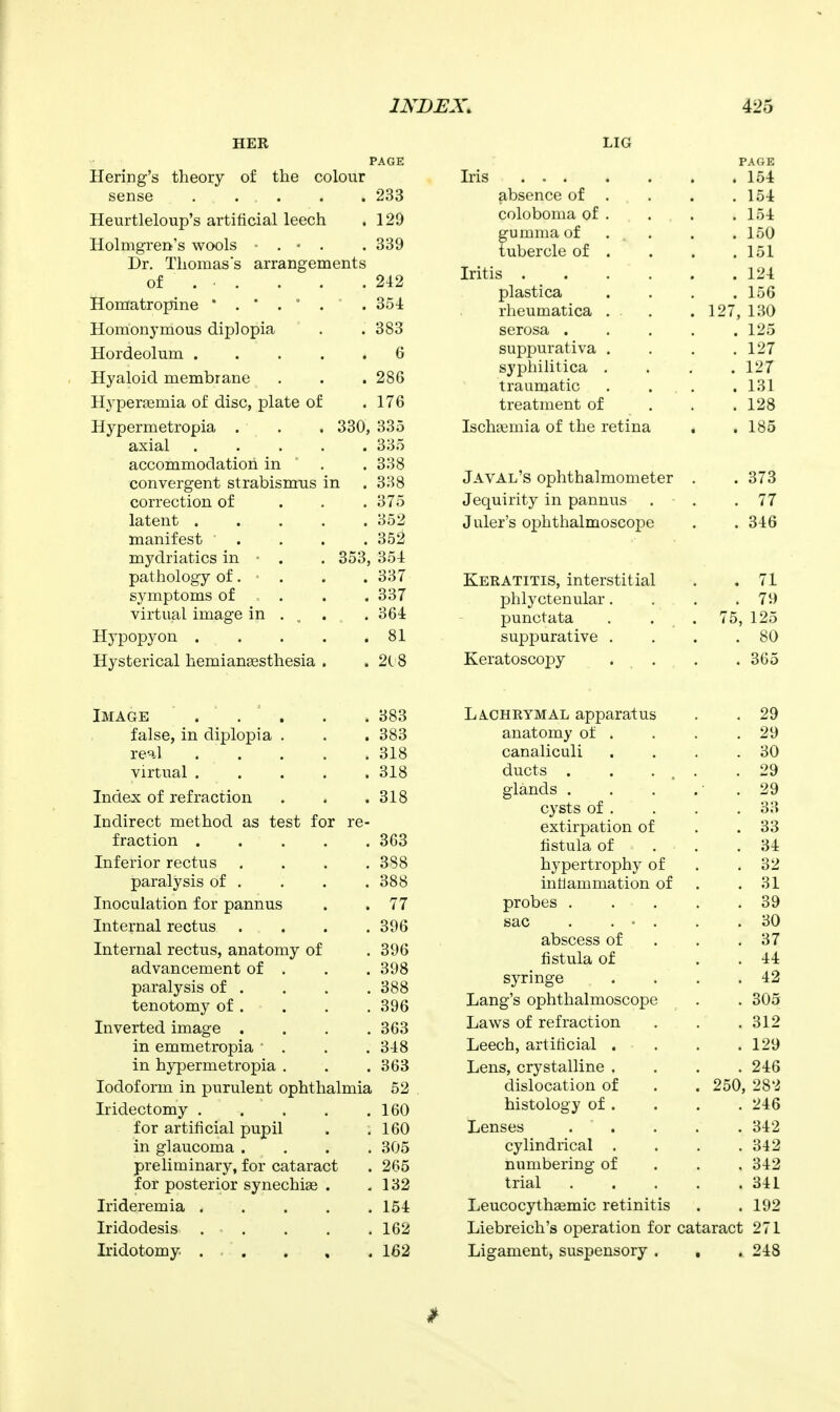 HER PAGE Hering's theory of the colour sense ..... 233 Heurtleloup's artificial leech . 129 Holmgren's wools - . - . . 339 Dr. Thomass arrangements of . . . . .212 Homatropine * . * . ' . .354 Homonymous diplopia . .383 Hordeolum ..... 6 Hyaloid membrane . . .286 Hypertemia of disc, plate of .176 Hypermetropia . . . 330, 335 axial ..... 335 accommodation in  . . 338 convergent strabismus in . 338 correction of . . .375 latent 352 manifest .... 352 mydriatics in - . . 353, 351 pathology of. ' . . . 337 symptoms of . . . . 337 virtual image in . „ . .364 Hj'^popyon . . . . .81 Hysterical hemianeesthesia . . 2C 8 LIG Iris PAGE . 154 absence of . . 154 coloboma of . . 154 gumma of . 150 tubercle of . . 151 Iritis .... . 124 plastica . 156 rheumatica . . . 127, 130 serosa . . 125 suppurativa . . 127 syphilitica . . 127 traumatic . 131 treatment of . 128 Ischtemia of the retina . 185 Javal's ophthalmometer . 373 Jequirity in pannus . 77 J uler's ophthalmoscope . 346 Keratitis, interstitial . .71 phlyctenular. . . .79 punctata . . .75, 125 suppurative . . . .80 Keratoscopy ... .365 Image ... 383 false, in diplopia . 383 real ..... 318 virtual ..... 318 Index of refraction 318 Indirect method as test for re- fraction ..... 363 Inferior rectus .... 3S8 paralysis of . 388 Inoculation for pannus 77 Internal rectus .... 396 Internal rectus, anatomy of 396 advancement of . 398 paralysis of . 388 tenotomy of . 396 Inverted image .... 363 in emmetropia ' . 348 in hypermetropia , 363 Iodoform in purulent ophthalmia 52 Iridectomy 160 for artificial pupil 160 in glaucoma . . . . 305 preliminary, for cataract 265 for posterior synechige . 132 Irideremia . . . . . 154 Iridodesis 162 Iridotomy. 162 Lachrymal apparatus . . 29 anatomy of . . . .29 canaliculi . . . .30 ducts . . ... .29 glands . . . . .29 cysts of . . . .33 extirpation of . .33 fistula of . . .34 hypertrophy of , .32 intlammation of . .31 probes 39 sac . . = . . .30 abscess of . . .37 fistula of . . 44 syringe . . . .42 Lang's ophthalmoscope . . 305 Laws of refraction . . .312 Leech, artificial . . . .129 Lens, crystalline .... 246 dislocation of . . 250, 282 histology of . . . . 246 Lenses ..... 342 cylindrical . . . .342 numbering of . . . 342 trial 341 LeucocythEemic retinitis . .192 Liebreich's operation for cataract 271 Ligament, suspensory . , . 248