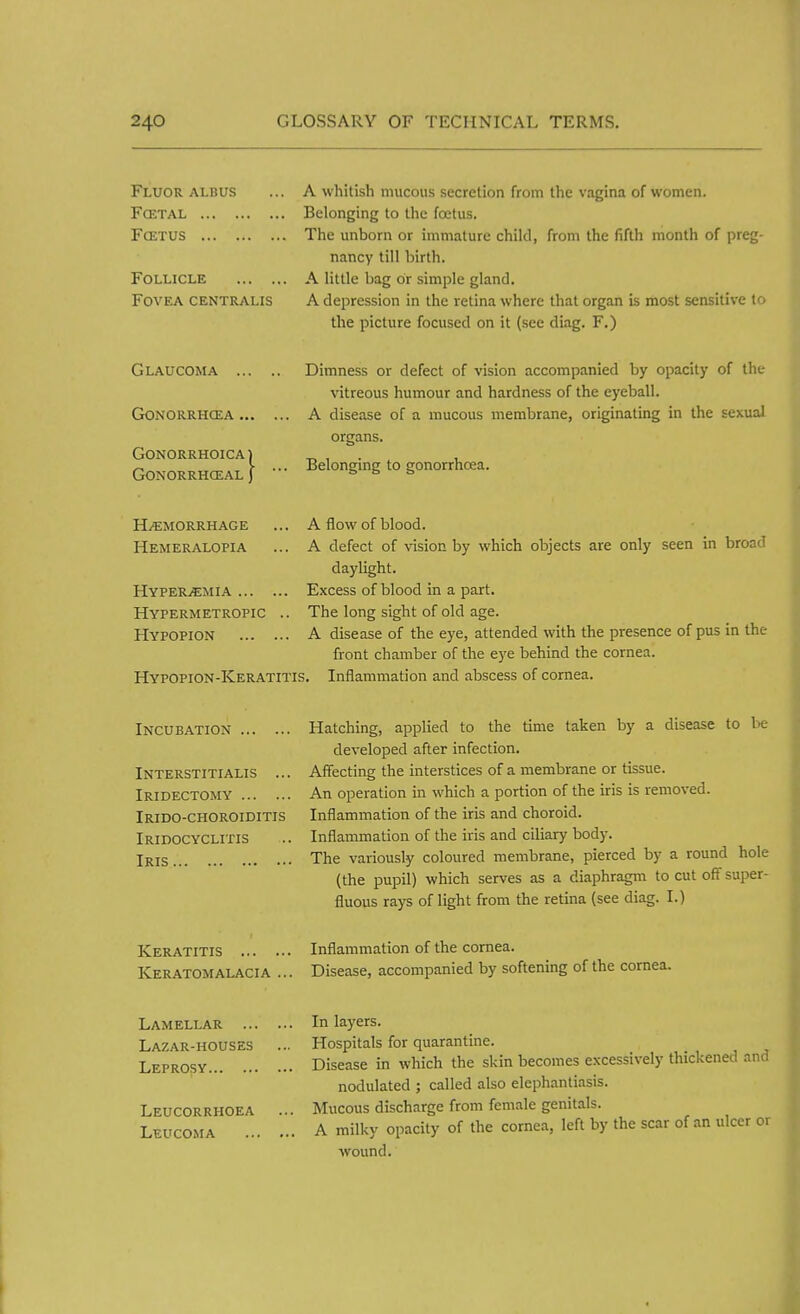 Fluor alisus Foetal Foetus Follicle Fovea centralis A whitish mucous secretion from the vagina of women. Belonging to the foetus. The unborn or immature child, from the fifth month of preg- nancy till birth. A little bag or simple gland. A depression in the retina where that organ is most sensitive to the picture focused on it (see diag. F.) Glaucoma ... Gonorrhoea ... gonorrhoica) Gonorrheal ] Dimness or defect of vision accompanied by opacity of the vitreous humour and hardness of the eyeball. A disease of a mucous membrane, originating in the sexual organs. Belonging to gonorrhoea. Haemorrhage Hemeralopia Hyperemia ... Hypermetropic Hypopion A flow of blood. A defect of vision by which objects are only seen in broad daylight. Excess of blood in a part. The long sight of old age. A disease of the eye, attended with the presence of pus in the front chamber of the eye behind the cornea. Hypopion-Keratitis. Inflammation and abscess of cornea. Incubation Interstitialis ... Iridectomy Irido-choroiditis Iridocyclitis Iris Keratitis ... Keratomalacia Hatching, applied to the time taken by a disease to be developed after infection. Affecting the interstices of a membrane or tissue. An operation in which a portion of the iris is removed. Inflammation of the iris and choroid. Inflammation of the iris and ciliary body. The variously coloured membrane, pierced by a round hole (the pupil) which serves as a diaphragm to cut off super- fluous rays of light from the retina (see diag. I.) Inflammation of the cornea. Disease, accompanied by softening of the cornea. Lamellar ... Lazar-houses Leprosy Leucorrhoea Leucoma In layers. Hospitals for quarantine. Disease in which the skin becomes excessively thickened and nodulated ; called also elephantiasis. Mucous discharge from female genitals. A milky opacity of the cornea, left by the scar of an ulcer or wound.