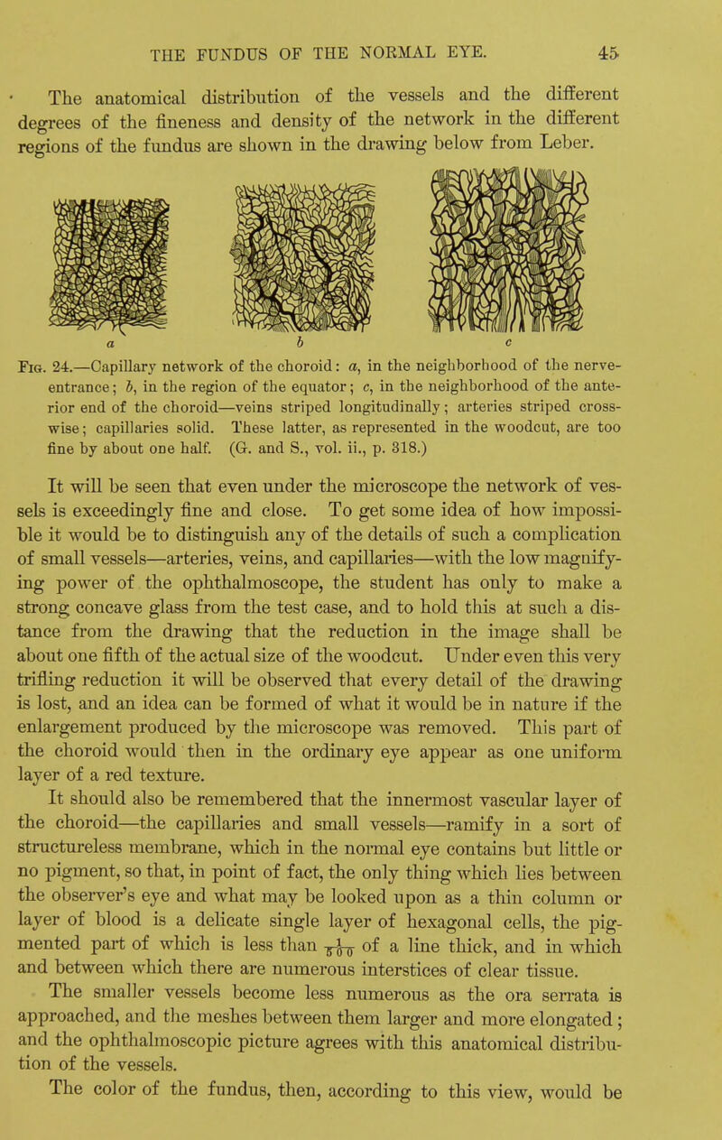 The anatomical distribution of the vessels and the different degrees of the fineness and density of the network in the different regions of the fundus are shown in the drawing below from Leber. a b c Fig. 24.—Capillary network of the choroid: a, in the neighborhood of the nerve- entrance ; b, in the region of the equator; c, in the neighborhood of the ante- rior end of the choroid—veins striped longitudinally; arteries striped cross- wise; capillaries solid. These latter, as represented in the woodcut, are too fine by about ODe half. (G. and S., vol. ii., p. 318.) It will be seen that even under the microscope the network of ves- sels is exceedingly fine and close. To get some idea of how impossi- ble it would be to distinguish any of the details of such a complication of small vessels—arteries, veins, and capillaries—with the low magnify- ing power of the ophthalmoscope, the student has only to make a strong concave glass from the test case, and to hold this at such a dis- tance from the drawing that the reduction in the image shall be about one fifth of the actual size of the woodcut. Under even this very trifling reduction it will be observed that every detail of the drawing is lost, and an idea can be formed of what it would be in nature if the enlargement produced by the microscope was removed. This part of the choroid would then in the ordinary eye appear as one uniform layer of a red texture. It should also be remembered that the innermost vascular layer of the choroid—the capillaries and small vessels—ramify in a sort of structureless membrane, which in the normal eye contains but little or no pigment, so that, in point of fact, the only thing which lies between the observer's eye and what may be looked upon as a thin column or layer of blood is a delicate single layer of hexagonal cells, the pig- mented part of which is less than ^ of a line thick, and in which and between which there are numerous interstices of clear tissue. The smaller vessels become less numerous as the ora serrata is approached, and the meshes between them larger and more elongated; and the ophthalmoscopic picture agrees with this anatomical distribu- tion of the vessels. The color of the fundus, then, according to this view, would be