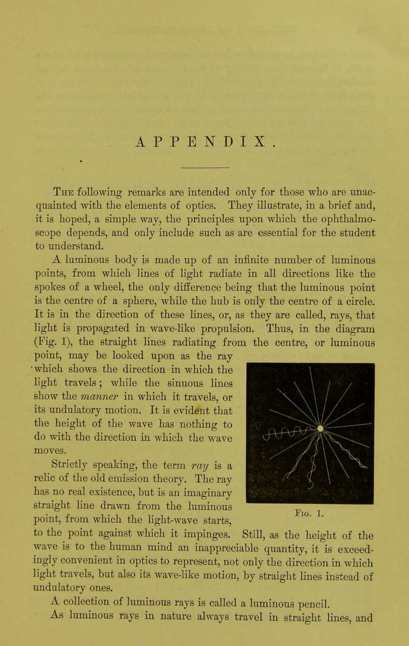 APPENDIX. The following remarks are intended only for those who are unac- quainted with the elements of optics. They illustrate, in a brief and, it is hoped, a simple way, the principles upon which the ophthalmo- scope depends, and only include such as are essential for the student to understand. A luminous body is made up of an infinite number of luminous points, from which lines of light radiate in all directions like the spokes of a wheel, the only difference being that the luminous point is the centre of a sphere, while the hub is only the centre of a circle. It is in the direction of these lines, or, as they are called, rays, that light is propagated in wave-like propulsion. Thus, in the diagram (Fig. 1), the straight lines radiating from the centre, or luminous point, may be looked upon as the ray •which shows the direction in which the light travels; while the sinuous lines show the manner in which it travels, or its undulatory motion. It is evident that the height of the wave has nothing to do with the direction in which the wave moves. Strictly speaking, the term ray is a relic of the old emission theory. The ray has no real existence, but is an imaginary straight line drawn from the luminous point, from which the light-wave starts, to the point against which it impinges. Still, as the height of the wave is to the human mind an inappreciable quantity, it is exceed- ingly convenient in optics to represent, not only the direction in which light travels, but also its wave-like motion, by straight lines instead of undulatory ones. A collection of luminous rays is called a luminous pencil. As luminous rays in nature always travel in straight lines, and