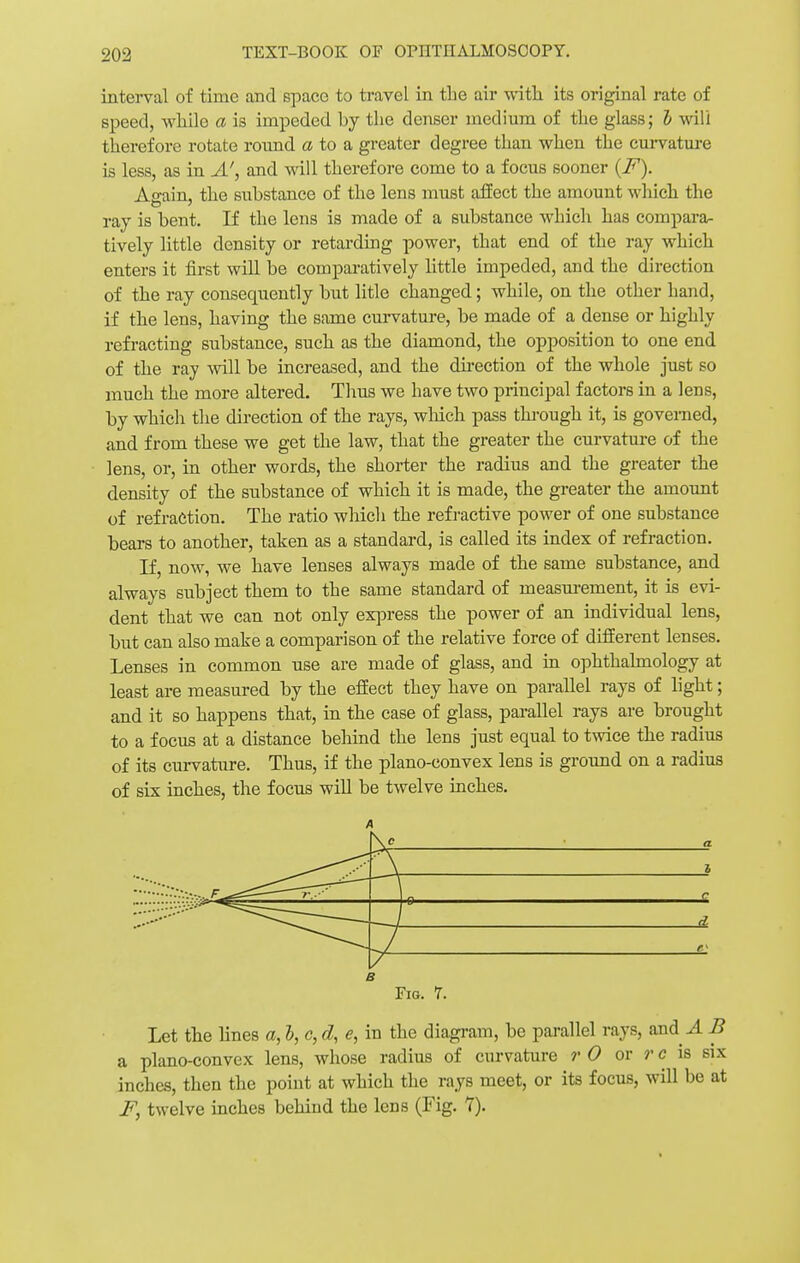 interval of time and space to travel in the air with its original rate of speed, while a is impeded by the denser medium of the glass; b will therefore rotate round a to a greater degree than when the curvature is less, as in A', and will therefore come to a focus sooner (F). Airain. the substance of the lens must affect the amouut which the ray is bent. If the lens is made of a substance which has compara- tively little density or retarding power, that end of the ray which enters it first will be comparatively little impeded, and the direction of the ray consequently but litle changed; while, on the other hand, if the lens, having the same curvature, be made of a dense or highly refracting substance, such as the diamond, the opposition to one end of the ray will be increased, and the direction of the whole just so much the more altered. Thus we have two principal factors in a lens, by which the direction of the rays, which pass through it, is governed, and from these we get the law, that the greater the curvature of the lens, or, in other words, the shorter the radius and the greater the density of the substance of which it is made, the greater the amount of refraction. The ratio which the refractive power of one substance bears to another, taken as a standard, is called its index of refraction. If, now, we have lenses always made of the same substance, and always subject them to the same standard of measurement, it is evi- dent that we can not only express the power of an individual lens, but can also make a comparison of the relative force of different lenses. Lenses in common use are made of glass, and in ophthalmology at least are measured by the effect they have on parallel rays of light; and it so happens that, in the case of glass, parallel rays are brought to a focus at a distance behind the lens just equal to twice the radius of its curvature. Thus, if the plano-convex lens is ground on a radius of six inches, the focus will be twelve inches. A \c a \ S c —1 d B Fig. 7. Let the lines a, I, c, d, e, in the diagram, be parallel rays, and J. J a plano-convex lens, whose radius of curvature r 0 or r c is si inches, then the point at which the rays meet, or its focus, will be £ F, twelve inches behind the lens (Fig. 7).