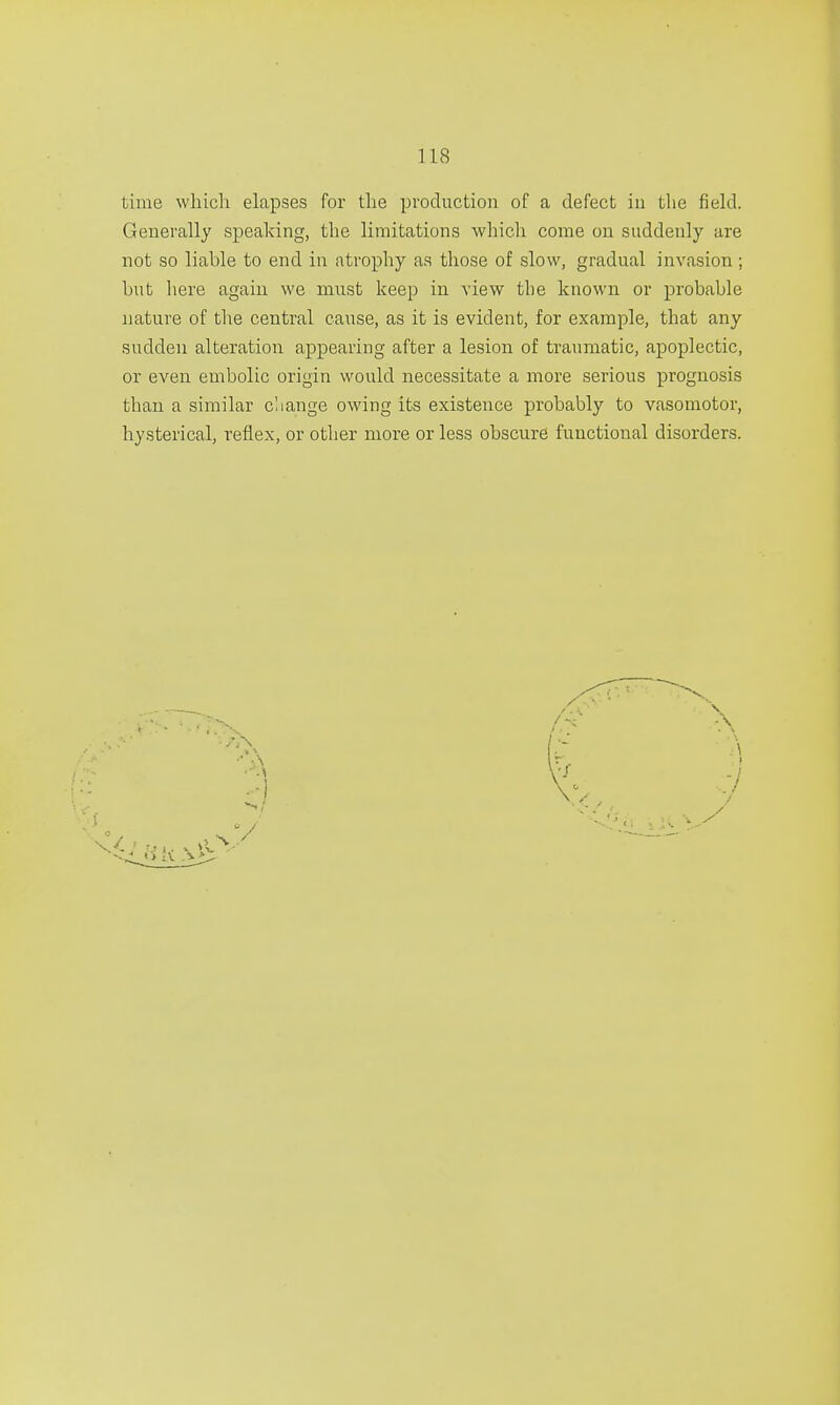 lime which elapses for the production of a defect in the field. Generally speaking, the limitations which come on suddenly are not so liable to end in atrophy as those of slow, gradual invasion ; hut here again we must keep in view the known or probable nature of the central cause, as it is evident, for example, that any sudden alteration appearing after a lesion of traumatic, apoplectic, or even embolic origin would necessitate a more serious prognosis than a similar change owing its existence probably to vasomotor, hysterical, reflex, or other more or less obscure functional disorders.