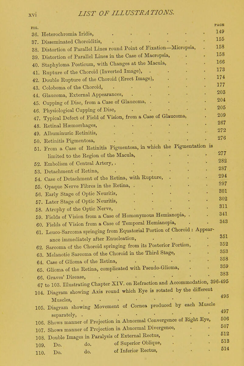 IS FIQ. 36. Heterochromia Iridis, . . . • • 37. Disseminated Choroiditis, . . • • • 38. Distortion of Parallel Lines round Point of Fixation—Micropsia, 39. Distortion of Parallel Lines in the Case of Macropsia, 40. Staphyloma Posticum, with Changes at the Macula, 41. Rupture of the Choroid (Inverted Image), . 42. Double Rupture of the Choroid (Erect Image), 43. Coloboma of the Choroid, . . • • • 44. Glaucoma, External Appearances, . . • • 45. Cupping of Disc, from a Case of Glaucoma, . 46. Physiological Cupping of Disc, . • • • 47. Typical Defect of Field of Vision, from a Case of Glaucoma, 48. Retinal Haemorrhages, . . • • • 49. Albuminuric Retinitis, . . • • • 50. Retinitis Pigmentosa, . • • • • 51. From a Case of Retinitis Pigmentosa, in which the Pigmentation limited to the Region of the Macula, 62. Embolism of Central Artery, . . . • • 53. Detachment of Retina, . . . • • 54. Case of Detachment of the Retina, with Rupture, . 55. Opaque Nerve Fibres in the Retina, . . • • 56. Early Stage of Optic Neuritis, . . . • 57. Later Stage of Optic Neuritis, .... 58. Atrophy of the Optic Nerve, . . ■ • 59. Fields of Vision from a Case of Homonymous Hemianopia, . 60. Fields of Vision from a Case of Temporal Hemianopia, 61. Leuco-Sarcoma springing from Equatorial Portion of Choroid : Appear ance immediately after Enucleation, 62. Sarcoma of the Choroid springing from its Posterior Portion, 63. Melanotic Sarcoma of the Choroid in the Third Stage, 64. Case of Glioma of the Retina, . . • • 65. Glioma of the Retina, complicated with Pseudo-Glioma, 66. Graves' Disease, 67 to 103. lUustrating Chapter XIV. on Refraction and Accommodation, 396-495 104. Diagram showing Axis round which Eye is rotated by the different Muscles, 105. Diagram showing Movement of Cornea produced by each Muscle separately, .••••*'* Shows manner of Projection in Abnormal Convergence of Right Eye, Shows manner of Projection in Abnormal Divergence, Double Images in Paralysis of External Rectus, Po. do. of Superior Oblique, do. of Inferior Rectus, 106, 107, 108 109 110 498 497 506 507 512 513 614