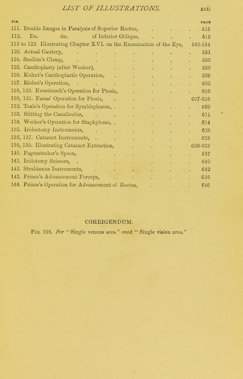 Fia. rAOB 111. Double Images in Paralysis of Superior Rectus, . . . 515 112. Do. do. of Inferior Oblique, , . . 515 113 to 122. Illustrating Chapter XVI. on the Examination of the Eye, 546-584 123. Actual Cautery, ....... 591 124. Snellen's Clamp, ....... 593 125. Canthoplasty (after Wecker), ..... 598 126. Kuhnt's Canthoplastic Operation, ..... 599 127. Richet's Operation, ....... 603 128. 129. Eversbusch's Operation for Ptosis, . . . , 606 130, 131. Panas' Operation for Ptosis, .... 607-603 132. Teale's Operation for Symblepharon, ..... 609 133. Slitting the Canaliculus, . . . . . .611 134. Wecker's Operation for Staphyloma, ..... 614 135. Iridectomy Instruments, ...... 620 136. 137. Cataract Instruments, ...... 628 138, 139. Illustrating Cataract Extraction, . . . 630-633 140. Pagenstecher's Spoon, ...... 637 141. Iridotomy Scissors, ....... 640 142. Strabismus Instruments, ...... 642 143. Prince's Advancement Forceps, ..... 646 144. Prince's Operation for Advancement of Rectus, . . . 646 CORRIGENDUM. Fio. 108. For Single venous area read  Single vision area.