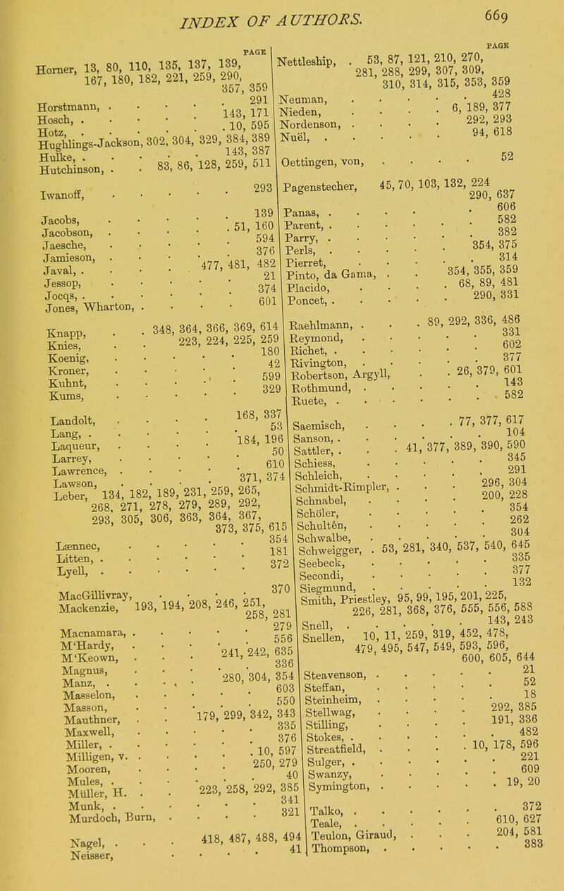 PAGE Homer, 13, 80, 110, 135, 137, 139, 167, l50, 182, 221, 259, 2», 291 Horstraann, . ■ • Hosch, Hotz, Hughlings-Jackson Hulke, . Hutchinson, . Iwanoff, Jacobs, Jacobson, Jaesche, Jamieson, Javal, . Jessop, Jocqs, . Jones, Wharton, Knapp, Knies, Koenig, Kjoner, Kuhnt, Kums, Landolt, Lang, . Laqueur, Larrey, Lawrence, Lawson, 143, 171 10 595 302,'304,'329,'384,389 143, 387 S3, 86, 128, 259, 511 293 139 . 61, 160 594 376 477, 481, 482 21 374 601 Nettleship, Neuman, Nieden, Nordenson, Nuel, . 348, 364, 366, 369, 614 223, 224, 225, 259 180 FAQK . 53, 87, 121, 210, 270, 281, 288, 299, 307, 309. 310, 314, 315, 353, 359 428 . 6, 189, 377 292, 293 94, 618 Oettingen, von, Pagenstecher, Panas, . Parent, . Parry, . Perls, . Pierrot, Pinto, da Gama, Placido, Poncet, . Eaehlmann, Reymond, Richet, . 42 I Rivington, 599 Robertson, Argyll 329 1 Rothmund, Ruete 168, 337 , 53 Saemisch, 184, 196 Sanson, . 50 Sattler, . 610 Schiess, 371, 374 Schleich, teberT' 134', 182; 189,^231, 259, 265, Schmidt-Rimpler, ' 268. 271, 278, 279, 289, 292, Schnabel, 293 305 306, 363, 364, 367, Scholer, 1^6, duo, ou , , ^^^^ ^^^^ Schult&n, 354 Schwalbe, Lsennec, . . • 181 Schweigger, i-i?'.372 Seebeck, I^y^ll'Secondi, -KK . 370 Siegmund, S'^ketr' 193, -IW, 208, 2«, 251 | St.i.h, Prie.f 52 70, 103,132, 224 41 63 281 ley, 95,99 Macnamara, . M'Hardy, . M'Keown, Magnus, Manz, . Masselon, Masson, Mauthner, Maxwell, Miller, . Milligen, v. . Moor en, Mules, . Muller, H. . Munk, . Murdoch, Burn, Nagel, . Neisser, 258, 2811 226, 281, 368 279 Snell, . 556 Snellen, 10,11,259 241, 242, 635 | 479, 495, 547 336 280, 304, 354 Steavenson, 603 Steffan, 550 Steinheim, 179. 299, 342, 343 Stellwag, 335 StiUing, 376 Stokes, . . 10, 597 Streatfield, 250, 279 Sulger, 40 Swanzy, 223, 258, 292, 385 Symington, 341 321 Talko, 418, 487, 488, 494 41 Teale, . Teulon, Giraud, Thompson, 290, 637 606 582 382 354, 375 314 354, 355, 359 . 68, 89, 481 290, 331 89, 292, 336, 486 331 602 377 . 26, 379, 601 143 . ■ 582 . 77, 377, 617 104 377, 389, 390, 590 345 291 296, 304 200, 228 354 262 304 340, 537, 540, 645 335 377 132 195, 201, 225, 376, 655, 556, 688 143, 243 319, 452, 478, 549, 593, 596, 600, 605, 644 21 52 18 292, 385 191, 336 482 10, 178, 596 221 609 . 19, 20 372 610, 627 204, 581 383