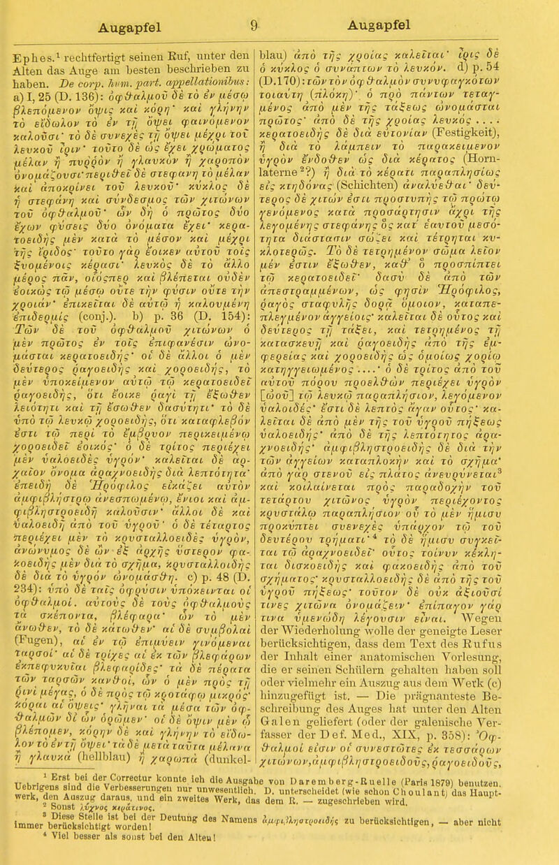 Ephes.1 rechtfertigt seinen Euf, unter den Alten das Auge am besten beschrieben zu haben. De corp. hvm. part. appellationibus i a) I, 25 (D. 136): ocp&alfiov öe xö ev liicra ßlenöfievov öyjtg xai xöqij' xai yhjvrjv ro eiöcolov TO ev t/} orpei cpaivö/ievov xalovai' t6 öe avveyeg tij öipet fieyqi tot isvxov iqtv' xovxo öe dg eyeijcqcöfiaxog fielav rj nvqqöv rj ylavxöv fj yaqonöv övofid^ovcri'neqi&ei öe oxecpavrj xö fielav xai dnoxqivei xov Isvxov' xvxlog de T) axecpdvrj xai ovvöectfiog xcöv yixcovcov tov ocptralfiov' cov örj 6 nqcöxog övo eycov cpvaeig övo övöfiaxa eyei' xeqa- Toeiörjg fiev xaxd to fiecrov xai fieyqi Trjg igiöos' xovxo ydq e'oixev avxov xoig i-vofievoig xeqaai' levxög öe to dllo fiegog näv, oiogneq xai ßlenexai ovöev e'oixdg xco fieoco ovxe ti)v cpvaiv ovxe tt)v yqoidv' enixeixai öe avxco r) xalovfievrj emöeqfiig (conj.). b) p. 36 (D. 154): Tcov öe tov öcpxralfiov yixdvcov 6 fiev nqcöxog ev Totg enicpavecriv covo- pdcrxai xeqaioeiörjg' ot öe ulloi ö (iev öevxeqog qayoeiörjg xai yoqoeiöijg, to fiev vnoxeifievov avxco xco xeqaxoeiöei qayoeiörjg, ö'rt e'oixe qayi tij e'l-co&ev leioxrjxi xai xfj ecrcod-ev öaovxrjxi' to öe vnö TO) levxco yoqoeiöijg, ö'rt xaxacpleßov e'crxi Toi 7i£Ot to e'fißqvov neqixeifievco yoqoeiöei eoixog' 6 öe xqixog neqieyei 'fiev valoeiöeg vyqöv' xaleiiai öe dq- %aiov bvofia dqayvoeiörjg öiä lentoiijxa' e'neiör) Öe 'Hqöcpilog eixd'Cei avxöv dficpißlrjoxqco dveanco/nevco, eviot xai dfi- (pißlrjaxqoeiörj xalovaiv' alloi öe xai valoeiöij dnö tov vyqov' 6 Öe xexaqxog neqieyei fiev xö xqvaxalloeiöeg vyqöv, avcovvfiog öe cov e£ dqyijg vcrieqov cpa- xoeiörjg fiev öiä to CTyrjfia, xqvoxalloiörjg öe öid to vyqöv coi'0fido~£rrj. c) p. 48 (D. 234): vnö öe Talg öcpqvcriv vnöxeivrai ot ow&alfiol. avxovg öe xovg öcpd-alfiovg th axenovxa, ßlicpaqa' cov to fiev üva&BV, to öe xdxcotisV ai öe avußolai (Fugen), ai ev tcö eni^iveiv yiv'öfiBvai Taqaoi' ai öe Tqiyeg ai ex tcov ßleqxlqcov exnefpvxviai ßleipaqlöeg' tu Öe neqaia tojv Tctqo-co^ xavfroi, cov 6 /.iev nqög Trj q'ivi (lifttS, 6 öe nqog tco xqoidcpq) [iixqö'g- HÖQttl ai oyj8t-g' j-J^w iii fiecra tcov ocp- ■&a).pcÖv Öi cov 6qioj.teV ot öe oyiv fiev co ßUnojiev, xcjqrjv öe xai yl^vrjv tÖ ei'öco- lovzoevTfi oipefzäöe ueid tavra fiehtva t/ yXavxä (hellblau) y yaqcond (dunkel- blau) ano Trjg yqoiug xaleliac' iqig öe 6 xvxlog 6 cTwanicov to Xevxov. d) p. 54 (D.nO):icövTdv öcpfraXfiöv crvvvcpayxöicov loiavii] (ril6xrj)\ 6 nqö ndvicov xexay- (xevog dno /xev xijg xd^ecog covofidazat. nqüxog' dnö öe xrjg yqoiag levxog .... xeqaxoeLÖrjg öe öid evioviav (Festigkeit), rj öid to Xd^ineiv xö naqaxeiuevov vyqöv evöo&ev cög öid xeqaxog (Horn- laterne2?) rj öid to xeqaxi naqanlijaicog eig xxrjöovag (Scliichten) dvalve&ai öev- xeqog öe yixcov eaci nqooxvnrig xco nqcöxco yevöfxevog xaxd nqocrdqxrjaiv dyqi xrjg \eyo(.ievrjg aiecpdvrjg Sc xax' eavxov jxecrö- xrjxa öidaiamv aco'-lei xai xexqrjxai xv- xkoieqcog. To öe xexqi][ievov aw/xa Xeiov fiev ecrxiv e^co&ev, xafr' o nqocrninxei xco xeqaxoeiöei' öaav öe dnö xcov dnecrxqa/jfxevcov, cog cprjaiv 'HqocpiXog, qaybg crxacpvXr/g öoqix bfAOiov, xaiane- nXeiyixevov urfiyeLoig' xaXeiiai öe ovxog xai öevxeqog tt/ xdi-ei, xai xeiqrjfxevog t?} xaxuoxevfi xai qayoeiörjg dno xrjg EjU- cpeqeiag xai yoqoeiör/g ojg Ofioicog yoqico xaxrjyyeicotAevog 6 öe xqixog dno xov avxov nöqov nqoek&cbv neqieyei vyqöv [wotJ] tw levxcß naqanlrjcriov, Xeyöfievov vaXoiöeg' eaxi öe lenxög dyav ovxog' xa- leixai öe dnö fiev Trjg tov vyoov nq^ecog vaXoeiöyg' dnö öe xijg l.enxotrjiog dqa- yvoeiörjg' dficpißlrjo'xqoeiörjg öe öid xi)v xojv ayyeicov xaxanloxrjv xai xö ayrjfia' dnö ydq axevov eig nldxog dvevqvveiai3 xai xoiXaivexai nqög naqaöoyr)v xov xexdqxov yixcovog vyqöv neqieyovxog xqvcTxdlco naqanlrjcriov ov xö fiev rj/xiav nqoxvnxei oveveyeg vndqyov xco tov öevxeqov xqijfiaxi' 4 tö öe r/fiiav crvyxei- xai xco aqayvoeiöef ovxog xoivvv xixlq- xai öicrxoeiöijg xai cpaxoeiöijg dnö tov cryrjfiaxog' xqvaxalloeiör]; öe dnö xrjg xov vyqov nrji-ecog' xovxov öe ovx d$iovcri xiveg yixcova övofid.ueiv' eninayov ydq xivu vfievcoöi] leyovcriv eivai. Wegeir der Wiederholung wolle der geneigte Leser berücksichtigen, dass dem Text des Rufus der Inhalt einer anatomischen Vorlesung, die er seinen Schülern gehalten haben soll oder vielmehr ein Auszug aus dem Werk (c) hinzugefügt ist. — Die prägnanteste Be- schreibung des Auges hat unter den Alten Galen geliefert (oder der galenische Ver- fasser der De f. Med., XIX, p. 358): 'Ocp- tfalfioi eicriv oi ovvecrxcoieg ex xeaodqcov Xixcovo)v,dficpißli]CTTqoeiöovg,qayoetöovg, TTphW^n. ti„HvCoJT konnte leh die Ausgabe von Darem berg-Ruelle (Paris 1879) benutzen S£Ä! dle,Verbe88eruSeu nur unwesentlich. D. unterscheidet (wie schon Choulant) das Haupt: werk, den Auszug daraus, und ein zweites Werk, das dem R. - zugeschrieben wird ' P - honst /.v^vof x<(j«iivu;. imme^erksIchtrg^o'lnT * **™aB «« berücksichtigen, - aber nicht * Viel besser als sonst bei den Alteu!