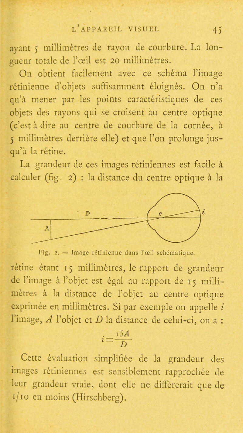 ayant 5 milliinètres de rayon de courbure. La lon- gueur totale de l'œil est 20 millimètres. On obtient facilement avec ce schéma l'image rétinienne d'objets suffisamment éloignés. On n'a qu'à mener par les points caractéristiques de ces objets des rayons qui se croisent au centre optique (c'est à dire au centre de courbure de la cornée, à 5 millimètres derrière elle) et que l'on prolonge jus- qu'à la rétine. La grandeur de ces images rétiniennes est facile à calculer (fig. 2) : la distance du centre optique à la Fig. 2. — Image rétinienne dans l'œil schématique. rétine étant 15 millimètres, le rapport de grandeur de l'image à l'objet est égal au rapport de 15 milli- mètres à la distance de l'objet au centre optique exprimée en millimètres. Si par exemple on appelle / l'image, A l'objet et D la distance de celui-ci, on a : I SA Cette évaluation simplifiée de la grandeur des images rétiniennes est sensiblement rapprochée de leur grandeur vraie, dont elle ne différerait que de i/io en moins (Hirschberg).