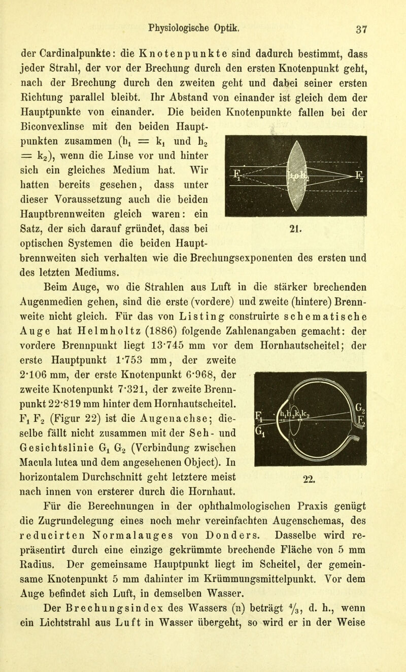 der Cardinalpunkte: die Knotenpunkte sind dadurch bestimmt, dass jeder Strahl, der vor der Brechung durch den ersten Knotenpunkt geht, nach der Brechung durch den zweiten geht und dabei seiner ersten Richtung parallel bleibt. Ihr Abstand von einander ist gleich dem der Hauptpunkte von einander. Die beiden Knotenpunkte fallen bei der Biconvexlinse mit den beiden Haupt- punkten zusammen (h^ = kj und hg = kg), wenn die Linse vor und hinter sich ein gleiches Medium hat. Wir hatten bereits gesehen, dass unter dieser Voraussetzung auch die beiden Hauptbrennweiten gleich waren: ein Satz, der sich darauf gründet, dass bei 21. optischen Systemen die beiden Haupt- brennweiten sich verhalten wie die Brechungsexponenten des ersten und des letzten Mediums. Beim Auge, wo die Strahlen aus Luft in die stärker brechenden Augenmedien gehen, sind die erste (vordere) und zweite (hintere) Brenn- weite nicht gleich. Für das von Listing construirte schematische Auge hat Helmholtz (1886) folgende Zahlenangaben gemacht: der vordere Brennpunkt liegt 13'745 mm vor dem Hornhautscheitel; der erste Hauptpunkt 1'753 mm, der zweite 2*106 mm, der erste Knotenpunkt 6*968, der zweite Knotenpunkt 7*321, der zweite Brenn- punkt 22*819 mm hinter dem Hornhautscheitel. Fl Fg (Figur 22) ist die Augenachse; die- selbe fällt nicht zusammen mit der Seh- und Gesichtslinie Gi Gg (Verbindung zwischen Macula lutea und dem angesehenen Object). In horizontalem Durchschnitt geht letztere meist 22. nach innen von ersterer durch die Hornhaut. Für die Berechnungen in der ophthalmologischen Praxis genügt die Zugrundelegung eines noch mehr vereinfachten Augenschemas, des reducirten Normalauges von Donders. Dasselbe wird re- präsentirt durch eine einzige gekrümmte brechende Fläche von 5 mm Radius. Der gemeinsame Hauptpunkt liegt im Scheitel, der gemein- same Knotenpunkt 5 mm dahinter im Krümmungsmittelpunkt. Vor dem Auge befindet sich Luft, in demselben Wasser. Der Brechungsindex des Wassers (n) beträgt Yg, d. h., wenn ein Lichtstrahl aus Luft in Wasser übergeht, so wird er in der Weise