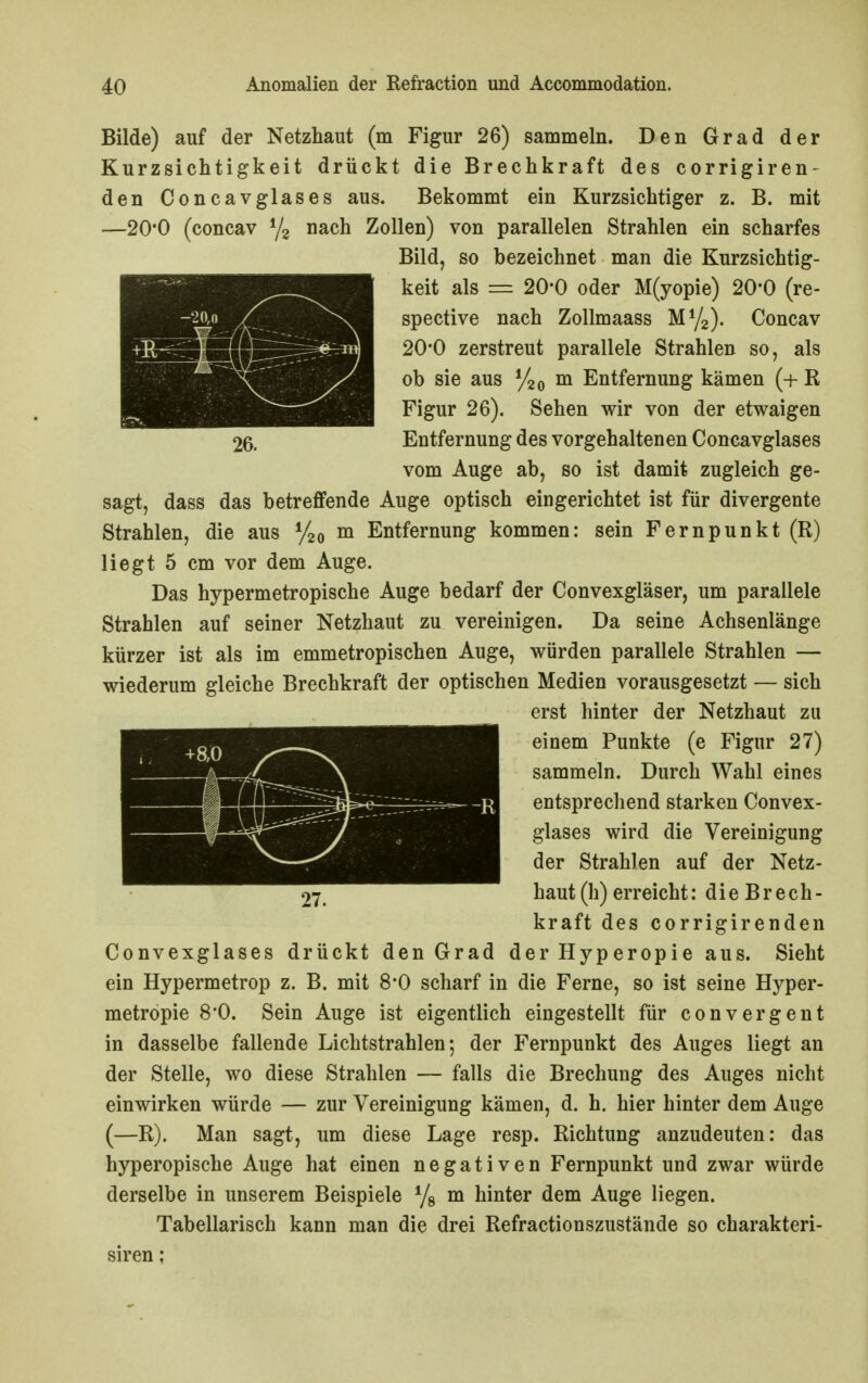 Bilde) auf der Netzhaut (m Figur 26) sammeln. Den Grad der Kurzsichtigkeit drückt die Brechkraft des corrigiren- den Concavglases aus. Bekommt ein Kurzsichtiger z. B. mit —20*0 (concav % nach Zollen) von parallelen Strahlen ein scharfes Bild, so bezeichnet man die Kurzsichtig- keit als = 20-0 oder M(yopie) 20'0 (re- spective nach Zollmaass MYa). Concav 20'0 zerstreut parallele Strahlen so, als ob sie aus ^ Entfernung kämen (+ R Figur 26). Sehen wir von der etwaigen 26. Entfernung des vorgehaltenen Concavglases vom Auge ab, so ist damit zugleich ge- dass das betreffende Auge optisch eingerichtet ist für divergente Strahlen, die aus %^ m Entfernung kommen: sein Fernpunkt (R) liegt 5 cm vor dem Auge. Das hypermetropische Auge bedarf der Convexgläser, um parallele Strahlen auf seiner Netzhaut zu vereinigen. Da seine Achsenlänge kürzer ist als im emmetropischen Auge, würden parallele Strahlen — wiederum gleiche Brechkraft der optischen Medien vorausgesetzt — sich erst hinter der Netzhaut zu einem Punkte (e Figur 27) sammeln. Durch Wahl eines entsprechend starken Convex- glases wird die Vereinigung der Strahlen auf der Netz- haut (h) erreicht: die Brech- kraft des corrigirenden Convexglases drückt den Grad derHyperopie aus. Sieht ein Hypermetrop z. B. mit 8*0 scharf in die Ferne, so ist seine Hyper- metropie 8*0. Sein Auge ist eigentlich eingestellt für convergent in dasselbe fallende Lichtstrahlen-, der Fernpunkt des Auges liegt an der Stelle, wo diese Strahlen — falls die Brechung des Auges nicht einwirken würde — zur Vereinigung kämen, d. h. hier hinter dem Auge (—R). Man sagt, um diese Lage resp. Richtung anzudeuten: das hyperopische Auge hat einen negativen Fernpunkt und zwar würde derselbe in unserem Beispiele Yg m hinter dem Auge liegen. Tabellarisch kann man die drei Refractionszustände so charakteri- siren;