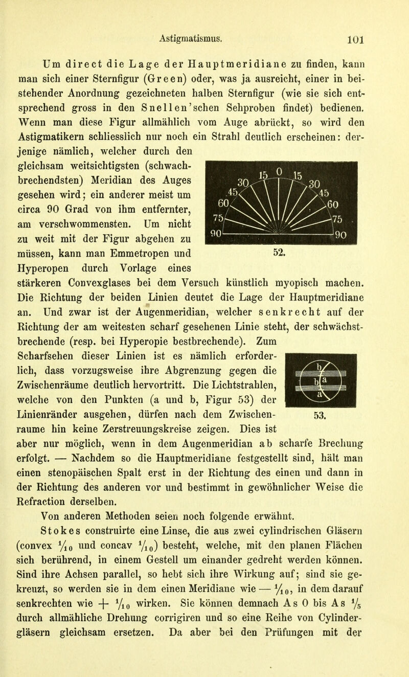 Um direct die Lage der Hauptmeridiane zu finden, kann man sich einer Sternfigur (Green) oder, was ja ausreicht, einer in bei- stehender Anordnung gezeichneten halben Sternfigur (wie sie sich ent- sprechend gross in den Snellen'sehen Sehproben findet) bedienen. Wenn man diese Figur allmählich vom Auge abrückt, so wird den Astigmatikern schliesslich nur noch ein Strahl deutlich erscheinen: der- jenige nämlich, welcher durch den gleichsam weitsichtigsten (schwach- brechendsten) Meridian des Auges gesehen wird; ein anderer meist um circa 90 Grad von ihm entfernter, verschwommensten. Um nicht am zu weit mit der Figur abgehen zu müssen, kann man Emmetropen und Hyperopen durch Vorlage eines stärkeren Convexglases bei dem Versuch künstlich myopisch machen. Die Richtung der beiden Linien deutet die Lage der Hauptmeridiane an. Und zwar ist der Augenmeridian, welcher senkrecht auf der Richtung der am weitesten scharf gesehenen Linie steht, der schwächst- brechende (resp. bei Hyperopie bestbrechende). Zum Scharfsehen dieser Linien ist es nämlich erforder- lich, dass vorzugsweise ihre Abgrenzung gegen die Zwischenräume deutlich hervortritt. Die Lichtstrahlen, welche von den Funkten (a und b, Figur 53) der Linienränder ausgehen, dürfen nach dem Zwischen- räume hin keine Zerstreuungskreise zeigen. Dies ist aber nur möglich, wenn in dem Augenmeridian ab scharfe Brechung erfolgt. — Nachdem so die Hauptmeridiane festgestellt sind, hält man einen stenopäischen Spalt erst in der Richtung des einen und dann in der Richtung des anderen vor und bestimmt in gewöhnlicher Weise die Refraction derselben. Von anderen Methoden seien noch folgende erwähnt. S10 k e s construirte eine Linse, die aus zwei cylindrischen Gläsern (convex und concav y^,) besteht, welche, mit den planen Flächen sich berührend, in einem Gestell um einander gedreht werden können. Sind ihre Achsen parallel, so hebt sich ihre Wirkung auf; sind sie ge- kreuzt, so werden sie in dem einen Meridiane wie — darauf senkrechten wie 4 yio wirken. Sie können demnach As 0 bis As % durch allmähliche Drehung corrigiren und so eine Reihe von Cylinder- gläsern gleichsam ersetzen. Da aber bei den Prüfungen mit der