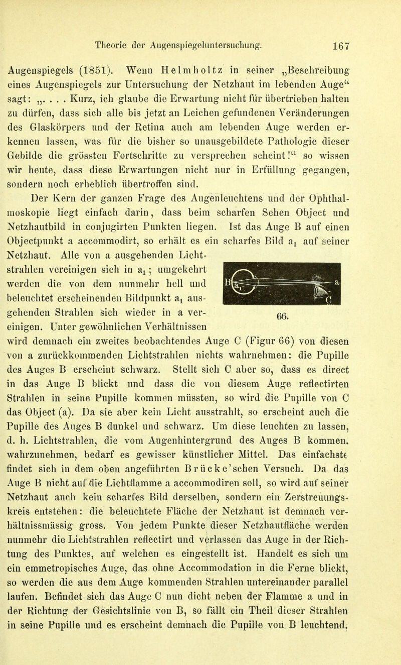 Allgenspiegels (1851). Wenn Helmlioltz in seiner „Beschreibung eines Augenspiegels zur Untersuchung der Netzhaut im lebenden Auge sagt: „. . . . Kurz, ich glaube die Erwartung nicht für übertrieben halten zu dürfen, dass sich alle bis jetzt an Leichen gefundenen Veränderungen des Glaskörpers und der Retina auch am lebenden Auge werden er- kennen lassen, was für die bisher so unausgebildete Pathologie dieser Gebilde die grössten Fortschritte zu versprechen scheint! so wissen wir heute, dass diese Erwartungen nicht nur in Erfüllung gegangen, sondern noch erheblich übertroffen sind. Der Kern der ganzen Frage des Augenleuchtens und der Ophthal- moskopie liegt einfach darin, dass beim scharfen Sehen Object und Netzhautbild in conjugirteu Punkten liegen. Ist das Auge B auf einen Objectpunkt a accommodirt, so erhält es ein scharfes Bild auf leiner Netzhaut. Alle von a ausgehenden Licht- strahlen vereinigen sich in a^; umgekehrt werden die von dem nunmehr hell und beleuchtet erscheinenden Bildpunkt a^ aus- gehenden Strahlen sich wieder in a ver- einigen. Unter gewöhnlichen Verhältnissen wird demnach ein zweites beobachtendes Auge C (Figur 66) von diesen von a zurückkommenden Lichtstrahlen nichts wahrnehmen: die Pupille des Auges B erscheint schwarz. Stellt sich C aber so, dass es direct in das Auge B blickt und dass die von diesem Auge reflectirten Strahlen in seine Pupille kommen müssten, so wird die Pupille von C das Object (a). Da sie aber kein Licht ausstrahlt, so erscheint auch die Pupille des Auges B dunkel und schwarz. Um diese leuchten zu lassen, d. h. Lichtstrahlen, die vom Augenhintergrund des Auges B kommen, wahrzunehmen, bedarf es gewisser künstlicher Mittel. Das einfachste findet sich in dem oben angeführten Brücke'sehen Versuch. Da das Auge B nicht auf die Lichtflamme a accommodiren soll, so wird auf seiner Netzhaut auch kein scharfes Bild derselben, sondern ein Zerstreuungs- kreis entstehen: die beleuchtete Fläche der Netzhaut ist demnach ver- hältnissmässig gross. Von jedem Punkte dieser Netzhautfläche werden nunmehr die Lichtstrahlen reflectirt und verlassen das Auge in der Rich- tung des Punktes, auf welchen es eingestellt ist. Handelt es sich um ein emmetropisches Auge, das ohne Accommodation in die Ferne blickt, so werden die aus dem Auge kommenden Strahlen untereinander parallel laufen. Befindet sich das Auge C nun dicht neben der Flamme a und in der Richtung der Gesichtslinie von B, so fällt ein Theil dieser Strahlen in seine Pupille und es erscheint demnach die Pupille von B leuchtend.