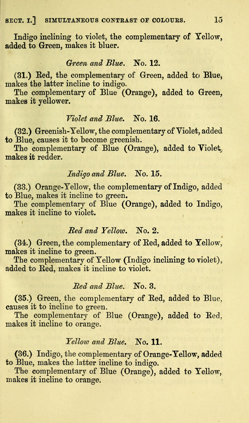 Indigo inclining to violet, the complementary of Yellow, added to Green, makes it bluer. Green and Blue. No. 12. (31.) Red, the complementary of Green, added to Blue, makes the latter incline to indigo. The complementary of Blue (Orange), added to Green, makes it yellower. Violet and Blue, No. 16. (32.) Greenish-Tellow, the complementary of Violet, added to Blue, causes it to become greenish. The complementary of Blue (Orange), added to Violet, makes it redder. Indigo and Blue, !No. 15. (33.) Orange-Yellow, the complementary of Indigo, added to Blue, makes it incline to green. The complementary of Blue (Orange), added to Indigo, makes it incline to violet. Red and Yellow, No. 2. (34.) Green, the complementary of Eed, added to Yellow, makes it incline to green. The complementary of Yellow (Indigo inclining to violet), added to Red, makes it incline to violet. Bed and Blue. No. 3. (35.) Green, the complementary of Red, added to Blue, causes it to incline to green. The complementary of Blue (Orange), added to Red, makes it incline to orange. Yellow and Blue, No. 11. (36.) Indigo, the complementary of Orange-Yellow, added to Blue, makes the latter incline to indigo. The complementary of Blue (Orange), added to Yellow, makes it incline to orange.