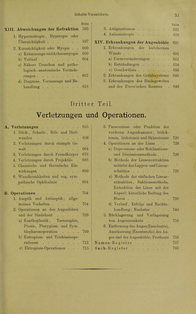 xr Seite XIII. Abweichungen der Refraktion 595 1. Hypermetropie, Hyperopie oder Übersichtigkeit 597 2. Kurzsichtigkeit oder Myopie . . 600 a) Krümmungs-undAchsenmyopie 600 b) Verlauf 604 c) Nähere Ursachen und patho- logisch - anatomische Verände- rungen 607 d) Diagnose, Voraussage und Be- handlung 618 Seite 3. Astigmatismus 621 4. Anisometropie 623 XIV. Erkrankungen der Augenhöhle 625 1. Erkrankungen der knöchernen Wände 631 a) Formveränderungen .... 631 b) Entzündungen 634 c) Geschwülste 636 2. Erkrankungen des Gefäfssystems 640 3. Erkrankungen des Bindegewebes und des Tenon'schen Raumes . 646 Dritter Teil. Verletzungen und Operationen. A. Verletzungen 655 1. Stich-, Schnitt-, Rifs- und Hieb- wunden 656 2. Verletzungen durch stumpfe Ge- walt 664 3. Verletzungen durch Fremdkörper 678 4. Verletzungen durch Projektile . 688 5. Chemische und thermische Ein- wirkungen 690 6. Wundkrankheiten und sog. sym- pathische Ophthalmie .... 694 B. Operationen 704 1. Aseptik und Antiseptik; allge- meines Verhalten 704 2. Operationen an den Augenlidern und der Bindehaut 709 a) Kanthoplastik, Tarsoraphie, Ptosis-, Pterygium- und Sym- blepharonoperation .... 709 b) Entropium- und Trichiasisope- rationen 711 c) Ektropium-Operationen . . . 715 3. Paracentese oder Punktion der vorderen Augenkammer, Iridek- tomie, Iridotomie und Sklerotomie 720 4. Operationen an der Linse . . . 726 a) Depressions- oder Reklinations- und Discissionsmethode . . . 726 b) Methode der Linsenextraktion mittelst des Lappen-und Linear- schnittes 728 c) Methode der einfachen Linear- extraktion , Suktionsmethode, Extraktion der Linse mit der Kapsel; künstliche Reifung des Stares 738 d) Verlauf, Erfolge und Nachbe- handlung; Nachstar .... 740 5. Rücklagerung und Vorlagerung von Augenmuskeln 750 6. Entfernung des Auges(Enucleatio), Ausräumung (Exenteratio) des Au- ges und der Augenhöhle; Prothesis 753 Namen-Register 757 Sach-Register 760