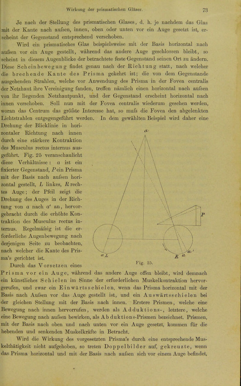 Je nach der Stellung des prismatischen Glases, d. h. je nachdem das Glas mit der Kaute nach aiifsen, innen, oben oder unten vor ein Auge gesetzt ist, er- scheint der Gegenstand entsprechend verschoben. Wird ein prismatisches Glas beispielsweise mit der Basis horizontal nach aufsen vor ein Auge gestellt, während das andere Auge geschlossen bleibt, so scheint in diesem Augenblicke der betrachtete feste Gegenstand seinen Ort zu ändern. Diese Scheinbewegung findet genau nach der Richtung statt, nach welcher die brechende Kante des Prisma gekehrt ist; die von dem Gegenstande ausgehenden Strahlen, welche vor Anwendung des Prisma in der Fovea centralis der Netzhaut ihre Vereinigung fanden, trefien nämlich einen horizontal nach aufsen von ihr liegenden Netzhautpunkt, und der Gegenstand erscheint horizontal nach innen verschoben. Soll nun mit der Fovea centralis wiederum gesehen werden, woran das Centrum das gröfste Interesse hat, so mufs die Fovea den abgelenkten Lichtstrahlen entgegengefuhrt werden. In dem gewählten Beispiel wird daher eine Drehung der Blicklinie in hori- zontaler Richtung nach innen durch eine stärkere Kontraktion des Musculus rectus internus aus- geführt. Fig. 25 veranschaulicht diese Verhältnisse : a ist ein fixierter Gegenstand, Pein Prisma mit der Basis nach aufsen hori- zontal gestellt, L linkes, jR rech- tes Auge; der Pfeil zeigt die Drehung des Auges in der Rich- tung von a nach a' an, hervor- gebracht durch die erhöhte Kon- traktion des Musculus rectus in- ternus. Regelmäfsig ist die er- forderliche Augenbewegung nach derjenigen Seite zu beobachten, nach welcher die Kante des Pris- ma's gerichtet ist. Durch das Vorsetzen eines Prisma vor ein Auge, während das andere Auge offen bleibt, wird demnach ein künstliches Schielen im Sinne der erforderlichen Muskelkontraktion hervor- gerufen, und zwar ein Einwärtsschielen, wenn das Prisma horizontal mit der Basis nach Aufsen vor das Auge gestellt ist, und ein Auswärtsschielen bei der gleichen Stellung mit der Basis nach innen. Erstere Prismen, welche eine Bewegung nach innen hervorrufen, werden als Adduktions-, letztere, welche eine Bewegung nach aufsen bewirken, als Ab duktions-Prismen bezeichnet. Prismen, mit der Basis nach oben und nach unten vor ein Auge gesetzt, kommen für die hebenden und senkenden Muskelkräfte in Betracht. Wird die Wirkung des vorgesetzten Prisma's durch eine entsprechende Mus- kel thätigkeit nicht aufgehoben, so treten Doppelbilder auf, gekreuzte, wenn das Prisma horizontal und mit der Basis nach aufsen sich vor einem Auge befindet,