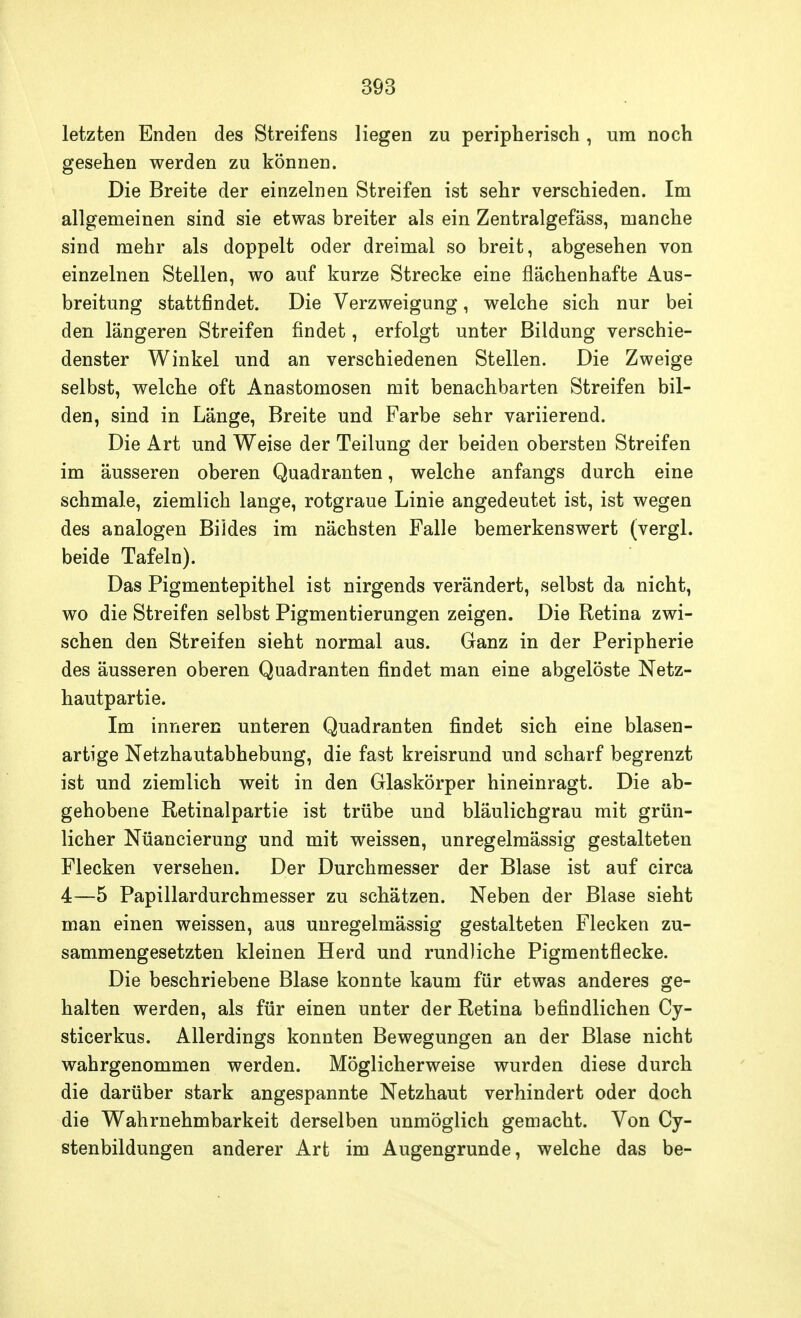 letzten Enden des Streifens liegen zu peripherisch, um noch gesehen werden zu können. Die Breite der einzelnen Streifen ist sehr verschieden. Im allgemeinen sind sie etwas breiter als ein Zentralgefäss, manche sind mehr als doppelt oder dreimal so breit, abgesehen von einzelnen Stellen, wo auf kurze Strecke eine flächenhafte Aus- breitung stattfindet. Die Verzweigung, welche sich nur bei den längeren Streifen findet, erfolgt unter Bildung verschie- denster Winkel und an verschiedenen Stellen. Die Zweige selbst, welche oft Anastomosen mit benachbarten Streifen bil- den, sind in Länge, Breite und Farbe sehr variierend. Die Art und Weise der Teilung der beiden obersten Streifen im äusseren oberen Quadranten, welche anfangs durch eine schmale, ziemlich lange, rotgraue Linie angedeutet ist, ist wegen des analogen Bildes im nächsten Falle bemerkenswert (vergl. beide Tafeln). Das Pigmentepithel ist nirgends verändert, selbst da nicht, wo die Streifen selbst Pigmentierungen zeigen. Die Retina zwi- schen den Streifen sieht normal aus. Ganz in der Peripherie des äusseren oberen Quadranten findet man eine abgelöste Netz- hautpartie. Im inneren unteren Quadranten findet sich eine blasen- artige Netzhautabhebung, die fast kreisrund und scharf begrenzt ist und ziemlich weit in den Glaskörper hineinragt. Die ab- gehobene Retinalpartie ist trübe und bläulichgrau mit grün- licher Nüancierung und mit weissen, unregelmässig gestalteten Flecken versehen. Der Durchmesser der Blase ist auf circa 4—5 Papillardurchmesser zu schätzen. Neben der Blase sieht man einen weissen, aus unregelmässig gestalteten Flecken zu- sammengesetzten kleinen Herd und rundliche Pigmentflecke. Die beschriebene Blase konnte kaum für etwas anderes ge- halten werden, als für einen unter der Retina befindlichen Cy- sticerkus. Allerdings konnten Bewegungen an der Blase nicht wahrgenommen werden. Möglicherweise wurden diese durch die darüber stark angespannte Netzhaut verhindert oder doch die Wahrnehmbarkeit derselben unmöglich gemacht. Von Cy- stenbildungen anderer Art im Augengrunde, welche das be-