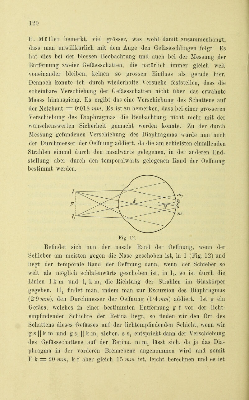 H. Müller bemerkt, viel grösser, was wohl damit zusammenhängt, class man unwillkürlich mit dem Auge den Gefässschlingen folgt. Es hat dies bei der blossen Beobachtung und auch bei der Messung der Entfernung zweier Gefässschatten, die natürlich immer gleich weit voneinander bleiben, keinen so grossen Einfluss als gerade hier. Dennoch konnte ich durch wiederholte Versuche feststellen, dass die scheinbare Verschiebung der Gefässschatten nicht über das erwähnte Maass hinausgieng. Es ergibt das eine Verschiebung des Schattens auf der Netzhaut = 0'018 mm. Es ist zu bemerken, dass bei einer grösseren Verschiebung des Diaphragmas die Beobachtung nicht mehr mit der wünschenswerten Sicherheit gemacht werden konnte. Zu der durch Messung gefundenen Verschiebung des Diaphragmas wurde nun noch der Durchmesser der Oeffnung addiert, da die am schiefsten einfallenden Strahlen einmal durch den nasalwärts gelegenen, in der anderen End- stellung aber durch den temporalwärts gelegenen Band der Oeffnung bestimmt werden. Fig. 12. Befindet sich nun der nasale Band der Oeffnung, wenn der Schieber am meisten gegen die Nase geschoben ist, in 1 (Fig. 12) und liegt der temporale Kand der Oeffnung dann, wenn der Schieber so weit als möglich schläfenwärts geschoben ist, in 1H so ist durch die Linien 1km und 1A k m1 die Kichtung der Strahlen im Glaskörper gegeben. 1^ findet man, indem man zur Excursion des Diaphragmas (2'9mm), den Durchmesser der Oeffnung (1'4») addiert. Ist g ein Gefäss, welches in einer bestimmten Entfernung g f vor der licht- empfindenden Schichte der Ketina liegt, so finden wir den Ort des Schattens dieses Gefässes auf der lichtempfindenden Schicht, wenn wir g s || k m und g s± || k ziehen, s sx entspricht dann der Verschiebung des Gefässschattens auf der Ketina. m m1 lässt sich, da ja das Dia- phragma in der vorderen Brennebene angenommen wird und somit F k zu 20 mm, k f aber gleich 15 mm ist, leicht berechnen und es ist