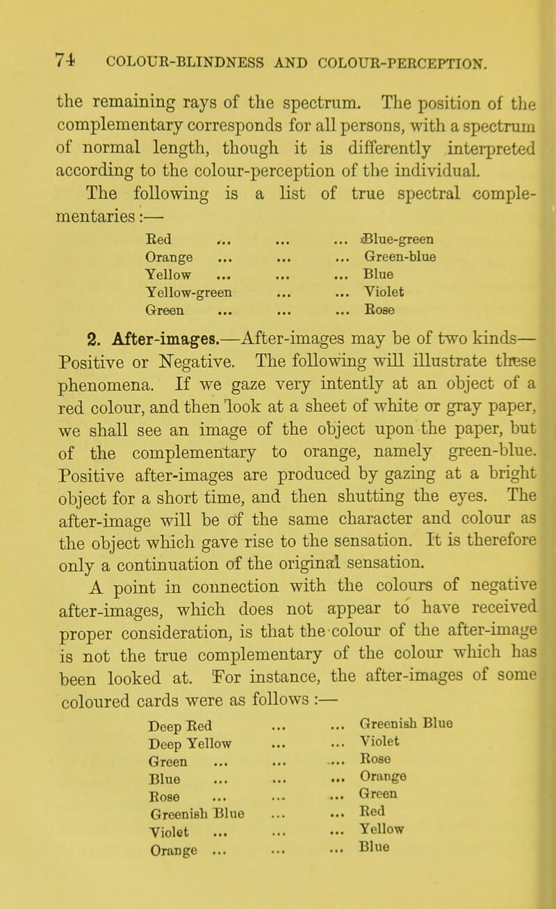 the remaining rays of the spectrum. The position of the complementary corresponds for all persons, with a spectrum of normal length, though it is differently interpreted according to the colour-perception of the individual. is a list of true spectral comple- following The mentaries:— Red Orange Yellow Yellow-green Green iBlue-green Green-blue Blue Violet Rose 2. After-images.—After-images may be of two kinds— Positive or Negative. The following will illustrate tlrese phenomena. If we gaze very intently at an object of a red colour, and then look at a sheet of white or gray paper, we shall see an image of the object upon the paper, but of the complementary to orange, namely green-blue. Positive after-images are produced by gazing at a bright object for a short time, and then shutting the eyes. The after-image will be of the same character and colour as the object wliich gave rise to the sensation. It is therefore only a continuation of the original sensation. A point in connection with the colours of negative after-images, which does not appear to have received proper consideration, is that the colour of the after-image is not the true complementary of the colour which has been looked at. !For instance, the after-images of some coloured cards were as follows :— Deep Red Deep Yellow Green Blue Rose Greenish Blue Violet Orange ... Greenish Blue Violet Rose Orange Green Red Yellow Blue