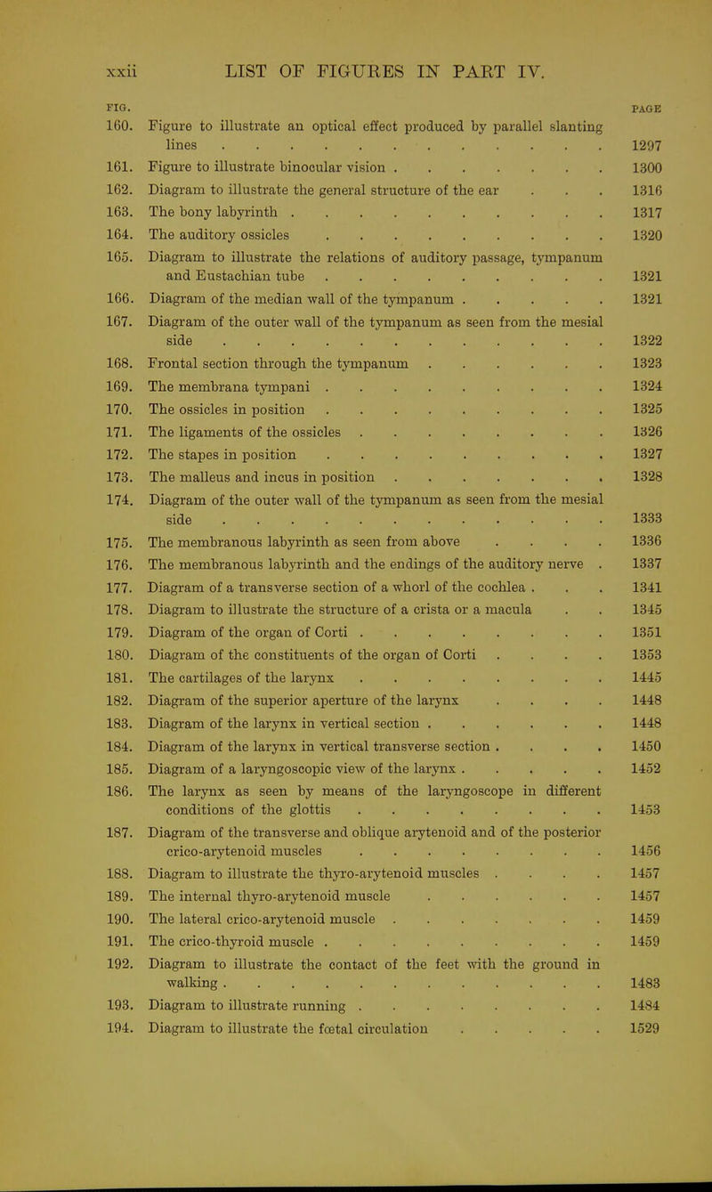 FIG. PAGE 160. Figure to illustrate an optical effect produced by parallel slanting lines 1297 161. Figure to illustrate binocular vision 1300 162. Diagram to illustrate the general structure of the ear . , . 1316 163. The bony labyrinth 1317 164. The auditory ossicles 1320 165. Diagram to illustrate the relations of auditory passage, tympanum and Eustachian tube 1321 166. Diagram of the median wall of the tympanum 1321 167. Diagram of the outer wall of the tympanum as seen from the mesial side 1322 168. Frontal section through the tympanum 1323 169. The membrana tympani 1324 170. The ossicles in position 1325 171. The ligaments of the ossicles ........ 1326 172. The stapes in position 1327 173. The malleus and incus in position 1328 174. Diagram of the outer wall of the tympanum as seen from the mesial side 1333 175. The membranous labyrinth as seen from above .... 1336 176. The membranous labyrinth and the endings of the auditory nerve . 1337 177. Diagram of a transverse section of a whorl of the cochlea . . . 1341 178. Diagram to illustrate the structure of a crista or a macula . . 1345 179. Diagram of the organ of Corti 1351 180. Diagram of the constituents of the organ of Corti .... 1353 181. The cartilages of the larynx 1445 182. Diagram of the superior aperture of the larynx .... 1448 183. Diagram of the larynx in vertical section 1448 184. Diagram of the larynx in vertical transverse section .... 1450 185. Diagram of a laryngoscopic view of the larynx 1452 186. The larynx as seen by means of the laryngoscope in different conditions of the glottis 1453 187. Diagram of the transverse and oblique arytenoid and of the posterior crico-arytenoid muscles ........ 1456 188. Diagram to illustrate the thyro-arytenoid muscles .... 1457 189. The internal thyro-arytenoid muscle 1457 190. The lateral crico-arytenoid muscle 1459 191. The erico-thyroid muscle 1459 192. Diagram to illustrate the contact of the feet with the ground in walking 1483 193. Diagram to illustrate running 1484 194. Diagram to illustrate the foetal circulation 1529