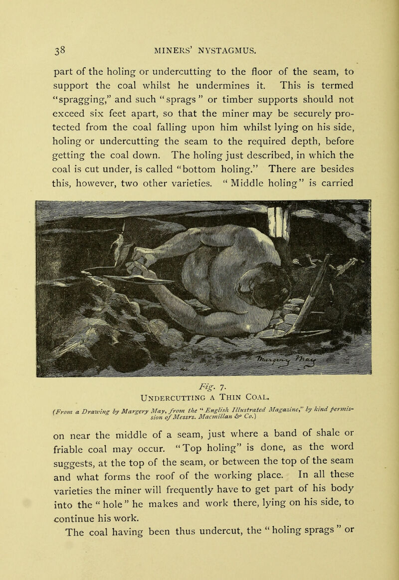 part of the holing or undercutting to the floor of the seam, to support the coal whilst he undermines it. This is termed spragging, and such sprags or timber supports should not exceed six feet apart, so that the miner may be securely pro- tected from the coal falling upon him whilst lying on his side, holing or undercutting the seam to the required depth, before getting the coal down. The holing just described, in which the coal is cut under, is called bottom holing. There are besides this, however, two other varieties. Middle holing is carried Fig. 7- Undercutting a Thin Coal. a Drawing by Margery May, from the  English Illustrated Magazine by kind permis- sion of Messrs. Macmillan 6° Co.) on near the middle of a seam, just where a band of shale or friable coal may occur. Top holing is done, as the word suggests, at the top of the seam, or between the top of the seam and what forms the roof of the working place. In all these varieties the miner will frequently have to get part of his body into the  hole  he makes and work there, lying on his side, to continue his work. The coal having been thus undercut, the  holing sprags  or