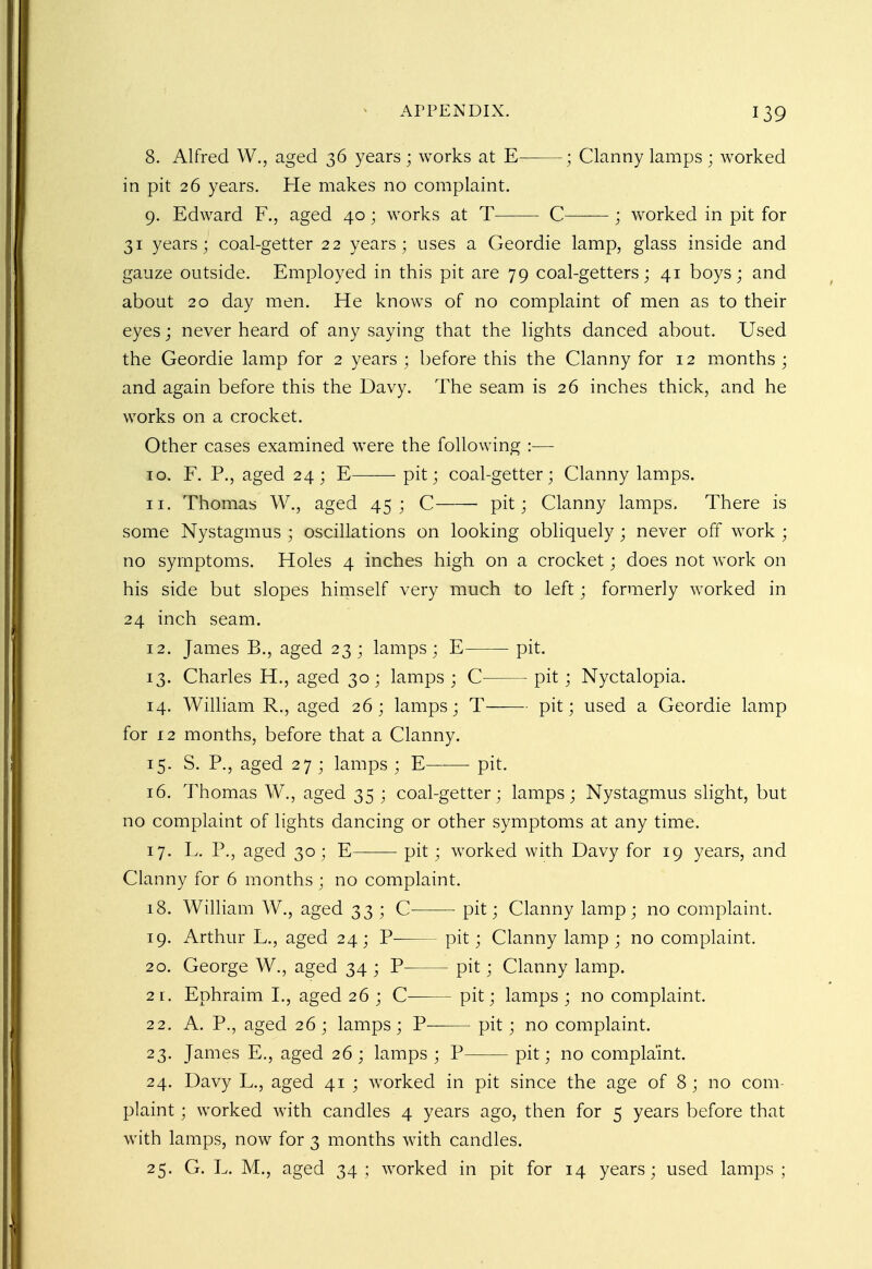 8. Alfred W., aged 36 years ; works at E ; Clanny lamps ; worked in pit 26 years. He makes no complaint. 9. Edward F., aged 40; works at T C ; worked in pit for 31 years; coal-getter 22 years; uses a Geordie lamp, glass inside and gauze outside. Employed in this pit are 79 coal-getters; 41 boys; and about 20 day men. He knows of no complaint of men as to their eyes; never heard of any saying that the lights danced about. Used the Geordie lamp for 2 years ; before this the Clanny for 12 months ; and again before this the Davy. The seam is 26 inches thick, and he works on a crocket. Other cases examined were the following :— 10. F. P., aged 24; E pit; coal-getter; Clanny lamps. 11. Thomas W., aged 45; C pit; Clanny lamps. There is some Nystagmus ; oscillations on looking obliquely ; never off work ; no symptoms. Holes 4 inches high on a crocket; does not work on his side but slopes himself very much to left; formerly worked in 24 inch seam. 12. James B., aged 23 ; lamps ; E pit. 13. Charles H., aged 30; lamps ; C pit; Nyctalopia. 14. William R., aged 26; lamps; T pit; used a Geordie lamp for 12 months, before that a Clanny. 15. S. P., aged 27 ; lamps ; E pit. 16. Thomas W., aged 35 ; coal-getter; lamps; Nystagmus slight, but no complaint of lights dancing or other symptoms at any time. 17. L. P., aged 30 ; E pit; worked with Davy for 19 years, and Clanny for 6 months ; no complaint. 18. William W., aged 33 ; C pit; Clanny lamp; no complaint. 19. Arthur L., aged 24; P pit; Clanny lamp ; no complaint. 20. George W., aged 34 ; P pit; Clanny lamp. 2r. Ephraim L, aged 26 ; C pit; lamps ; no complaint. 22. A. P., aged 26 ; lamps; P- pit; no complaint. 23. James E., aged 26 ; lamps ; P pit; no complaint. 24. Davy L., aged 41 ; worked in pit since the age of 8 ; no com- plaint ; worked with candles 4 years ago, then for 5 years before that with lamps, now for 3 months with candles. 25. G. L. M., aged 34 ; worked in pit for 14 years; used lamps ;