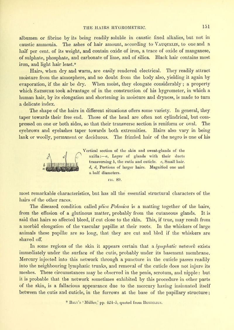 THE HAIRS HYGROMETRIC. albumen or fibrine by its being readily soluble in caustic fixed alkalies, but not in caustic ammonia. The ashes of hair amount, according to Yauquelin, to one and a half per cent, of its weight, and contain oxide of iron, a trace of oxide of manganese, of sulphate, phosphate, and carbonate of lime, and of silica. Black hair contains most iron, and light hair least.* Hairs, when dry and warm, are easily rendered electrical. They readily attract moisture from the atmosphere, and no doubt from the body also, yielding it again by evaporation, if the air be dry. When moist, they elongate considerably ; a property which Saussuee took advantage of in the construction of his hygrometer, in which a human hair, by its elongation and shortening in moisture and dryness, is made to turn a delicate index. The shape of the hairs in different situations offers some variety. In general, they taper towards their free end. Those of the head are often not cylindrical, but com- pressed on one or both sides, so that their transverse section is reniform or oval. The eyebrows and eyelashes taper towards both exlremities. Hairs also vary in being lank or woolly, permanent or deciduous. The frizzled hair of the negro is one of his Vertical section of the skin and sweat-glands of the axilla:—a, Layer of glands with their ducts transversing b, the cutis and cuticle, c, Small hair. d, d, Portions of larger hairs. Magnified one and a balf diameters. fig. 89. most remarkable characteristics, but has all the essential structural characters of the hairs of the other races. The diseased condition called plica Polonica is a matting together of the hairs, from the effusion of a glutinous matter, probably from the cutaneous glands. It is said that hairs so affected bleed, if cut close to the skin. This, if true, may result from a morbid elongation of the vascular papillae at their roots. In the whiskers of large animals these papillse are so long, that they are cut and bled if the whiskers are shaved off. In some regions of the skin it appears certain that a lymphatic network exists immediately under the surface of the cutis, probably under its basement membrane. Mercury injected into this network through a puncture in the cuticle passes readily into the neighbouring lymphatic trunks, and removal of the cuticle does not injure its meshes. These circumstances may be observed in the penis, scrotum, and nipple : but it is probable that the network sometimes exhibited by this procedure in other parts of the skin, is a fallacious appearance due to the. mercury having insinuated itself between the cutis and cuticle, in the furrows at the base of the papillary structure; * Bali's ' Muller,' pp. 421—5, quoted from Beuzulius.