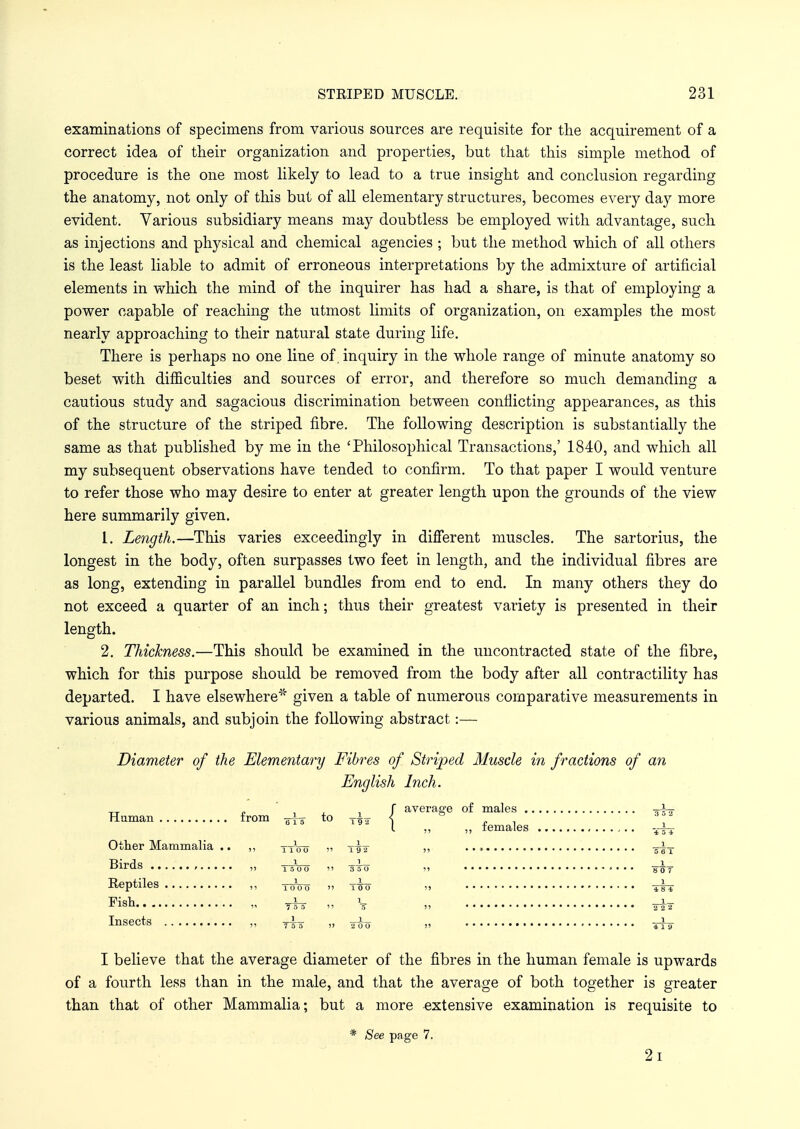 examinations of specimens from various sources are requisite for the acquirement of a correct idea of their organization and properties, but that this simple method of procedure is the one most likely to lead to a true insight and conclusion regarding the anatomy, not only of this but of all elementary structures, becomes every day more evident. Various subsidiary means may doubtless be employed with advantage, such as injections and physical and chemical agencies ; but the method which of all others is the least liable to admit of erroneous interpretations by the admixture of artificial elements in which the mind of the inquirer has had a share, is that of employing a power capable of reaching the utmost limits of organization, on examples the most nearly approaching to their natural state during life. There is perhaps no one line of, inquiry in the whole range of minute anatomy so beset with difficulties and sources of error, and therefore so much demanding a cautious study and sagacious discrimination between conflicting appearances, as this of the structure of the striped fibre. The following description is substantially the same as that published by me in the 'Philosophical Transactions,' 1840, and which all my subsequent observations have tended to confirm. To that paper I would venture to refer those who may desire to enter at greater length upon the grounds of the view here summarily given. L. Length.—This varies exceedingly in different muscles. The sartorius, the longest in the body, often surpasses two feet in length, and the individual fibres are as long, extending in parallel bundles from end to end. In many others they do not exceed a quarter of an inch; thus their greatest variety is presented in their length. 2. Thickness.—This should be examined in the uncontracted state of the fibre, which for this purpose should be removed from the body after all contractility has departed. I have elsewhere* given a table of numerous comparative measurements in various animals, and subjoin the following abstract:— Diameter of the Elementary Fibres of Striped Muscle in fractions of an English Inch. TT „ f average of males Human from ^ to < ,, females Other Mammalia .. ,, ttVo >? t^t Birrk i -J— ,, 1500  350 Reptiles ,, totto » tjto Fish „ „ V IllSeCts ••••• ~T!\~Z 11 o^nTT 4 5 4 _i_ 5 6 1 __1_ 8 0 7 1 4 8 4 1_ 2 2 2 1 4 19 I believe that the average diameter of the fibres in the human female is upwards of a fourth less than in the male, and that the average of both together is greater than that of other Mammalia; but a more extensive examination is requisite to * See page 7.