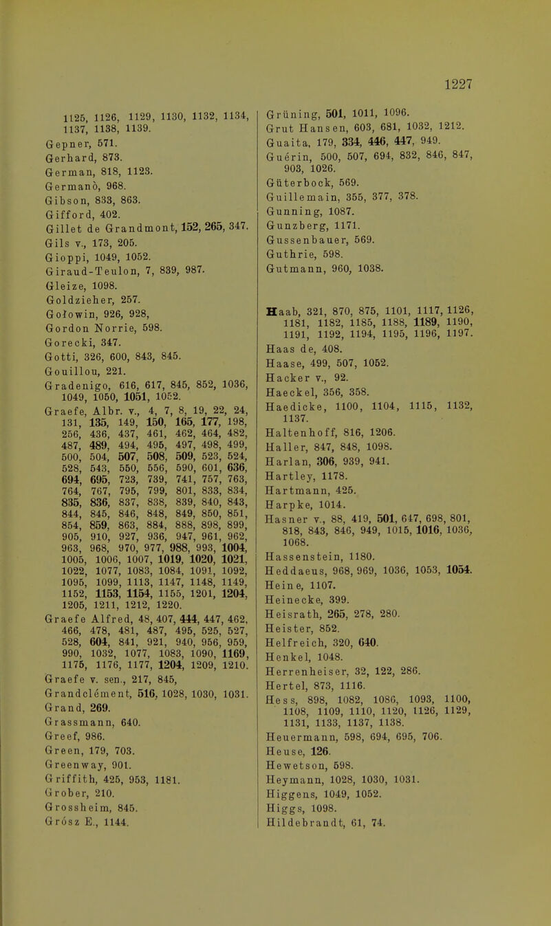 1125, 1126, 1129, 1130, 1132, 1134, 1137, 1138, 1139. Gepner, 571. Gerhard, 873. German, 818, 1123. Germanö, 968. Gib so n, 833, 863. Gifford, 402. Gillet de Grandmont, 152, 265, 347. Gils v., 173, 205. Gioppi, 1049, 1052. Giraud-Teulon, 7, 839, 987. Gleize, 1098. Goldzieher, 257. Golowin, 926, 928, Gordon Norrie, 598. Gorecki, 347. Gotti, 326, 600, 843, 845. Gouillou, 221. Gradenigo, 616, 617, 845, 852, 1036, 1049, 1050, 1051, 1052. Graefe, Albr. v., 4, 7, 8, 19, 22, 24, 131, 135, 149, 150, 165, 177, 198, 256, 436, 437, 461, 462, 464, 482, 487, 489, 494, 495, 497, 498, 499, 500, 504, 507, 508, 509, 523, 524, 528, 543, 550, 556, 590, 601, 636, 694, 695, 723, 739, 741, 757, 763, 764, 767, 795, 799, 801, 833, 834, 835, 836, 837, 838, 839, 840, 843, 844, 845, 846, 848, 849, 850, 851, 854, 859, 863, 884, 888, 898, 899, 905, 910, 927, 936, 947, 961, 962, 963, 968, 970, 977, 988, 993, 1004, 1005, 1006, 1007, 1019, 1020, 1021, 1022, 1077, 1083, 1084, 1091, 1092, 1095, 1099, 1113, 1147, 1148, 1149, 1152, 1153, 1154, 1155, 1201, 1204, 1205, 1211, 1212, 1220. Graefe Alfred, 48, 407, 444, 447, 462, 466, 478, 481, 487, 495, 525, 527, 528, 604, 841, 921, 940, 956, 959, 990, 1032, 1077, 1083, 1090, 1169, 1176, 1176, 1177, 1204, 1209, 1210. Graefe v. sen., 217, 845, Grandclement, 516, 1028, 1030, 1031. Grand, 269. Grassmann, 640. Greef, 986. Green, 179, 703. Greenway, 901. Griffith, 425, 953, 1181. Grober, 210. Grossheim, 845. Grösz E., 1144. Grüning, 501, 1011, 1096. Grut Hansen, 603, 681, 1032, 1212. Guaita, 179, 334, 446, 447, 949. Guerin, 500, 507, 694, 832, 846, 847, 903, 1026. Güterbock, 569. Guillemain, 355, 377, 378. Gunning, 1087. Gunzberg, 1171. Gussenbauer, 569. Guthrie, 598. Gutmann, 960, 1038. Haab, 321, 870, 875, 1101, 1117, 1126, 1181, 1182, 1185, 1188, 1189, 1190, 1191, 1192, 1194, 1195, 1196, 1197. Haas de, 408. Haase, 499, 507, 1052. Hacker v., 92. Haeckel, 356, 358. Haedicke, 1100, 1104, 1115, 1132, 1137. Haltenhoff, 816, 1206. Ha 11 er, 847, 848, 1098. Harlan, 306, 939, 941. Hartley, 1178. Hartmann, 425. Harpke, 1014. Hasner v., 88, 419, 501, 647, 698, 801, 818, 843, 846, 949, 1015, 1016, 1036, 1068. Hassenstein, 1180. Heddaeus, 968,969, 1036, 1053, 1054. Heine, 1107. Heinecke, 399. Heisrath, 265, 278, 280. Heister, 852. Helfreich, 320, 640. Henkel, 1048. Herrenheiser, 32, 122, 286. Hertel, 873, 1116. Hess, 898, 1082, 1080, 1093, 1100, 1108, 1109, 1110, 1120, 1126, 1129, 1131, 1133, 1137, 1138. Heuermann, 598, 694, 695, 706. Heuse, 126. Hewetson, 698. Heymann, 1028, 1030, 1031. Higgens, 1049, 1052. Higgs, 1098. Hildebrandt, 61, 74.