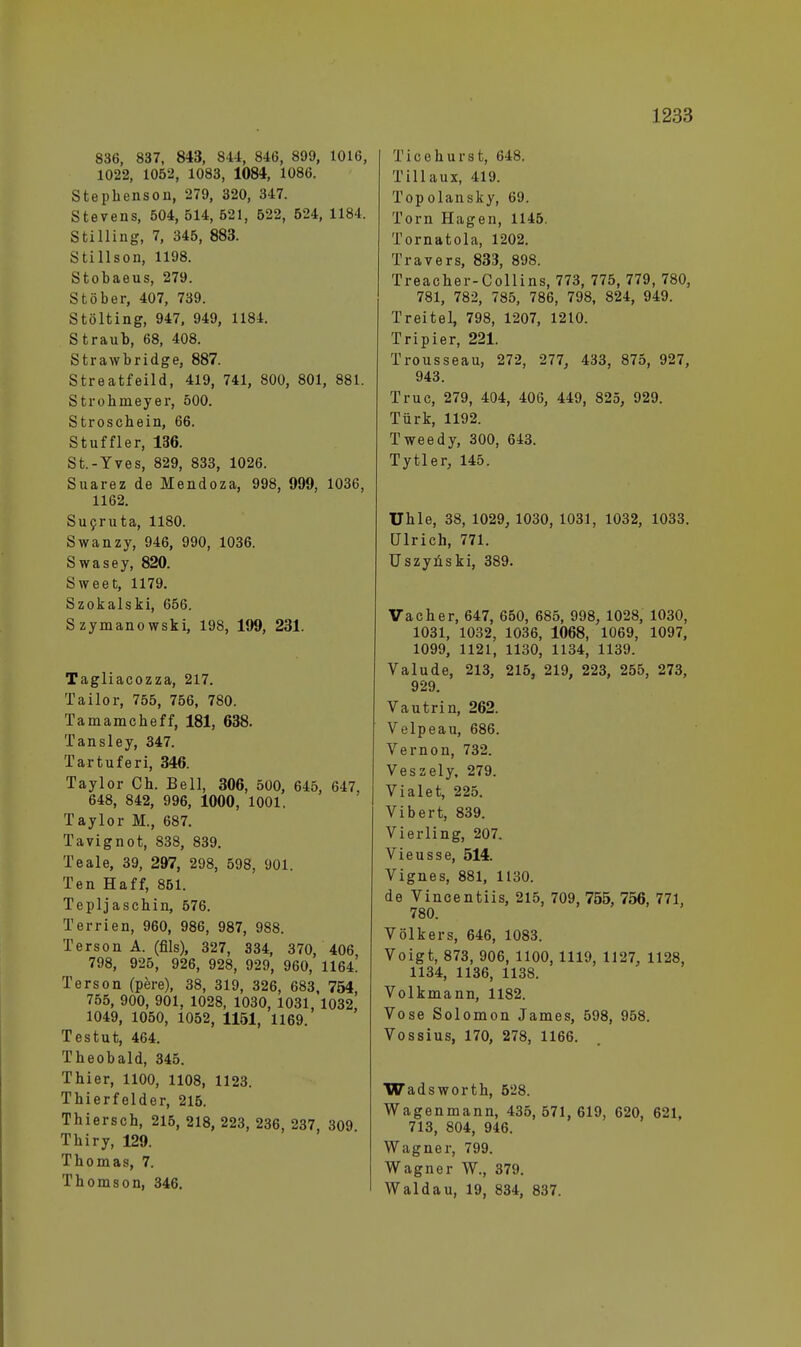 836, 837, 843, 844, 846, 899, 1016, 1022, 1052, 1083, 1084, 1086. Stephenson, 279, 320, 347. Stevens, 504,514,521, 522, 624, 1184. Stilling, 7, 345, 883. Stillson, 1198. Stobaeus, 279. Stöber, 407, 739. Stölting, 947, 949, 1184. Straub, 68, 408. Strawbridge, 887. Streatfeild, 419, 741, 800, 801, 881. Strohmeyer, 500. Stroschein, 66. Stuffler, 136. St.-Yves, 829, 833, 1026. Suarez de Mendoza, 998, 999, 1036, 1162. Sucruta, 1180. Swanzy, 946, 990, 1036. Swasey, 820. Sweet, 1179. Szokalski, 656. S zymanowski, 198, 199, 231. Tagliacozza, 217. Tailor, 755, 756, 780. Tamamcheff, 181, 638. Tansley, 347. Tartuferi, 346. Taylor Ch. Bell, 306, 500, 645, 647, 648, 842, 996, 1000, 1001. Taylor M., 687. Tavignot, 838, 839. Teale, 39, 297, 298, 598, 901. Ten Haff, 851. Tepljasehin, 576. Terrien, 960, 986, 987, 988. Terson A. (Als), 327, 334, 370, 406 798, 926, 926, 928, 929, 960, 1164! Terson (pere), 38, 319, 326, 683, 754, 755, 900, 901, 1028, 1030, 1031, 1032, 1049, 1050, 1052, 1151, 1169. T es tut, 464. Theobald, 345. Thier, 1100, 1108, 1123. Thierfelder, 215. Thiersch, 215, 218, 223, 236, 237, 309. Thiry, 129. Thomas, 7. Thomson, 346. Ticehurst, 648. Tillaux, 419. Topolansky, 69. Tom Hagen, 1145. Tornatola, 1202. Travers, 833, 898. Treacher-Collins, 773, 775, 779, 780, 781, 782, 785, 786, 798, 824, 949. Treitel, 798, 1207, 1210. Tripier, 221. Trousseau, 272, 277, 433, 875, 927, 943. Truc, 279, 404, 406, 449, 825, 929. Türk, 1192. Tweedy, 300, 643. Tytler, 145. Uhle, 38, 1029, 1030, 1031, 1032, 1033. Ulrich, 771. Uszynski, 389. Vach er, 647, 650, 685, 998, 1028, 1030, 1031, 1032, 1036, 1068, 1069, 1097, 1099, 1121, 1130, 1134, 1139. Valude, 213, 215, 219, 223, 255, 273, 929. Vautrin, 262. Velpeau, 686. Vernon, 732. Veszely, 279. Vialet, 225. Vibert, 839. Vierling, 207. Vieusse, 514. Vignes, 881, 1130. de Vincentiis, 215, 709, 755, 756, 771, 780. Völkers, 646, 1083. Voigt, 873, 906, 1100, 1119, 1127, 1128, 1134, 1136, 1138. Volkmann, 1182. Vose Solomon James, 598, 958. Vossius, 170, 278, 1166. Wadsworth, 528. Wagenmann, 435,571,619, 620, 621, 713, 804, 946. Wagner, 799. Wagner W., 379. Waldau, 19, 834, 837.