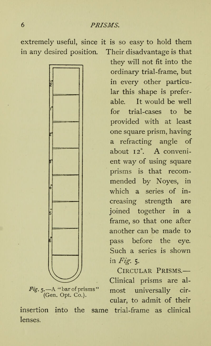 extremely useful, since it is so easy to hold them in any desired position. Their disadvantage is that they will not fit into the ordinary trial-frame, but in every other particu- lar this shape is prefer- able. It would be well for trial-cases to be provided with at least one square prism, having a refracting angle of about 12°. A conveni- ent way of using square prisms is that recom- mended by Noyes, in which a series of in- creasing strength are joined together in a frame, so that one after another can be made to pass before the eye. Such a series is shown in Fig. 5. Circular Prisms.— Clinical prisms are al- most universally cir- cular, to admit of their into the same trial-frame as clinical Fig. 5.—A  bar of prisms' (Gen. Opt. Co.). insertion lenses.