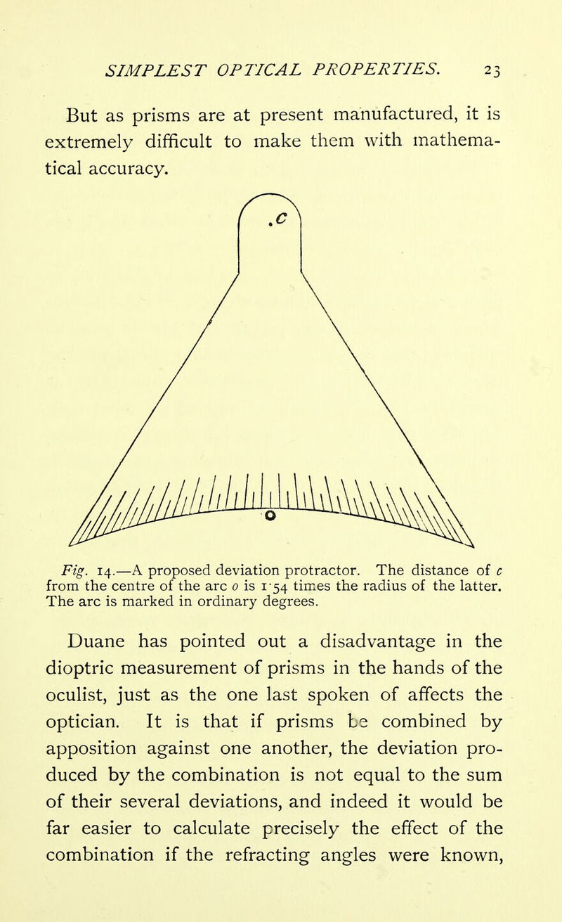But as prisms are at present manufactured, it is extremely difficult to make them with mathema- tical accuracy. Fig. 14.—A proposed deviation protractor. The distance of c from the centre of the arc 0 is 1-54 times the radius of the latter. The arc is marked in ordinary degrees. Duane has pointed out a disadvantage in the dioptric measurement of prisms in the hands of the oculist, just as the one last spoken of affects the optician. It is that if prisms be combined by apposition against one another, the deviation pro- duced by the combination is not equal to the sum of their several deviations, and indeed it would be far easier to calculate precisely the effect of the combination if the refracting angles were known,