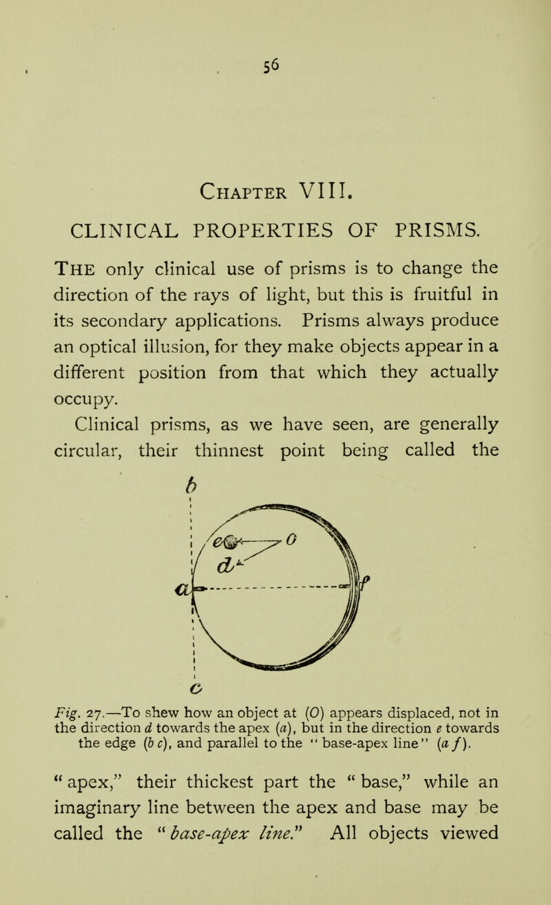 Chapter VIII. CLINICAL PROPERTIES OF PRISMS. The only clinical use of prisms is to change the direction of the rays of light, but this is fruitful in its secondary applications. Prisms always produce an optical illusion, for they make objects appear in a different position from that which they actually occupy. Clinical prisms, as we have seen, are generally circular, their thinnest point being called the Fig. 27.—To shew how an object at (0) appears displaced, not in the direction d towards the apex (a), but in the direction e towards the edge ipc), and parallel to the  base-apex line [a/).  apex, their thickest part the  base, while an imaginary line between the apex and base may be called the  base-apex line. All objects viewed
