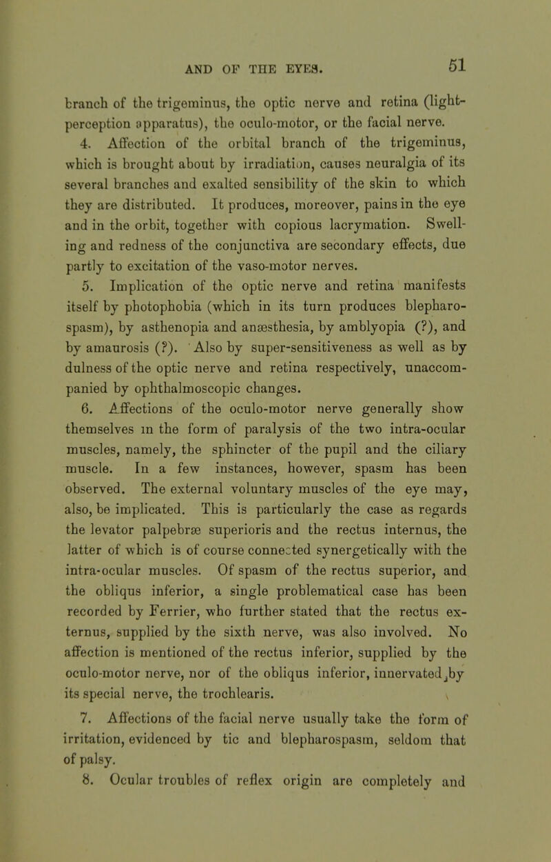 branch of the trigeminus, the optic nerve and retina (light- perception apparatus), the oculo-motor, or the facial nerve. 4. Affection of the orbital branch of the trigeminus, which is brought about by irradiation, causes neuralgia of its several branches and exalted sensibility of the skin to which they are distributed. It produces, moreover, pains in the eye and in the orbit, together with copious lacrymation. Swell- ing and redness of the conjunctiva are secondary effects, due partly to excitation of the vaso-motor nerves. 5. Implication of the optic nerve and retina manifests itself by photophobia (which in its turn produces blepharo- spasm), by asthenopia and anaesthesia, by amblyopia (?), and by amaurosis (?). Also by super-sensitiveness as well as by dulness of the optic nerve and retina respectively, unaccom- panied by ophthalmoscopic changes. 6. Affections of the oculo-motor nerve generally show themselves in the form of paralysis of the two intra-ocular muscles, namely, the sphincter of the pupil and the ciliary muscle. In a few instances, however, spasm has been observed. The external voluntary muscles of the eye may, also, be implicated. This is particularly the case as regards the levator palpebrse superioris and the rectus internus, the latter of which is of course connected synergetically with the intra-ocular muscles. Of spasm of the rectus superior, and. the obliqus inferior, a single problematical case has been recorded by Ferrier, who further stated that the rectus ex- ternus, supplied by the sixth nerve, was also involved. No affection is mentioned of the rectus inferior, supplied by the oculo-motor nerve, nor of the obliqus inferior, innervatedjby its special nerve, the trochlearis. v 7. Affections of the facial nerve usually take the form of irritation, evidenced by tic and blepharospasm, seldom that of palsy. 8. Ocular troubles of reflex origin are completely and
