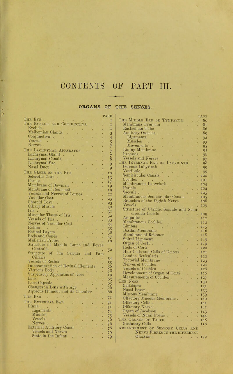 CONTENTS OF PAKT III. ORGANS OF THE SENSES. The Eye . . . . The Eyelids and Conjunctiva Eyelids Meibomian Glands . Conjunctiva ._ . Vessels ..... Nerves . . ... The Lachrymal Aitaiiatus Lachrymal Gland . Lachrymal Canals Lachrymal Sac Nasal Duct .... The Globe of the Eye Sclerotic Coat .... Cornea Membrane of Bowman Membrane of Descemet . Vessels and Nerves of Cornea . Vascular Coat Choroid Coat .... Ciliary Muscle Lis ...... Muscular Tissue of Iris . Vessels of Iris .... Nerves of Vascular Coat Retina ..... Retinal Layers Rods and Cones Miillerian Fibres . Structure of Macula Lutea and F Centralis .... Structure of Ora Serrata and I Ciliaris Vessels of Retina Interconnection of Retinal Elements Vitreous Body .... Suspensory Apparatus of Lens Lens Lens-Capsule Changes in Lems with Age Aqueous Humour and its Chamber The Ear . . - . . The External Ear Pinna .... Ligaments . Muscles Vessels Nerves .... External Auditory Canal Vessels and Nerves State in the Infant r-AGE I I I 3 4 5 7 7 7 8 9 9 io 13 17 19 19 22 23 23 30 31 32 33 34 35 38 47 50 ovea av 52 54 55 56 58 59 63 65 66 66 7i 7i 7i 74 75 76 76 76 79 79 The Middle Ear or Tympanum Membrana Tympani Eustachian Tube Auditory Ossicles . Ligaments .... Muscles .... Movements . Lining Membrane . Recesses ..... Vessels and Nerves The Internal Ear or Labyrinth Osseous Labyrinth Vestibule ..... Semicircular Canals Cochlea Membranous Labyrinth . Utricle ..... Saccule ..... Membranous Semicircular Canals Branches of the Eighth Nerve Vessels ..... Structure of Utricle, Saccule and Seiu • circular Canals Ampulla? ..... Membranous Cochlea Limbus . . . .* . Basilar Membrane Membrane of Reissner Spiral Ligament . Organ of Corti .... Rods of Corti Hair Cells and Cells of Deiters . Lamina Reticularis Tectorial Membrane . Nerves of Cochlea . Vessels of Cochlea Development of Organ of Corti Measurements of Cochlea . The Nose .... Cartilages Nasal Fossa? .... Mucous Membrane . Olfactory Mucous Membrane . Olfactory Cells .... Olfactory Nerve Organ of Jacobson Vessels of Nasal Fossne . The Organs of Taste Gustatory Cells Arrangement of Sensory Cells an Nerve Fibres in the differen Organs I'AGE 80 8l 86 89 92 93 95 95 95 97 98 99 99 100 101 104 104 105 105 108 109 109 110 112 115 116 118 119 119 120 121 122 123 124. 126 126 127 130 131 133 139 140 141 142 143 144 148 150 152