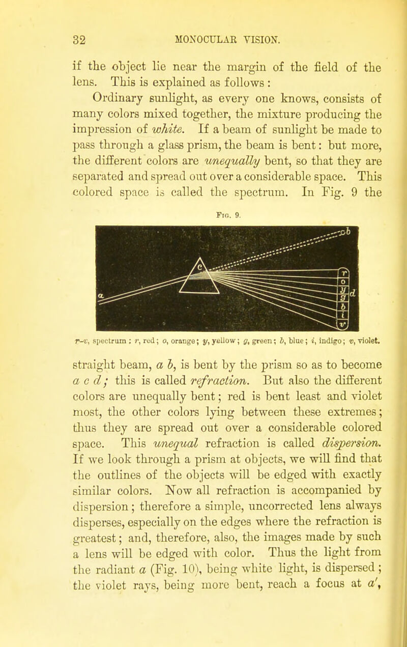 if the object lie near the margin of the field of the lens. This is explained as follows : Ordinary sunlight, as every one knows, consists of many colors mixed together, the mixture producing the impression of white. If a beam of sunlight be made to pass through a glass prism, the beam is bent: but more, the different colors are unequally bent, so that they are separated and spread out over a considerable space. This colored space is called the spectrum. In Fig. 9 the Fig. 9. S>6 - n| r-r, spectrum : r, rod; o, orange; y, yellow; g, green; b, blue; i, indigo; u, violet. straight beam, a b, is bent by the prism so as to become a c d; this is called refraction. But also the different colors are unequally bent; red is bent least and violet most, the other colors lying between these extremes; thus they are spread out over a considerable colored space. This unequal refraction is called dispersion. If we look through a prism at objects, we will find that the outlines of the objects will be edged with exactly similar colors. Now all refraction is accompanied by dispersion; therefore a simple, uncorrected lens always disperses, especially on the edges where the refraction is greatest; and, therefore, also, the images made by such a lens will be edged with color. Thus the light from the radiant a (Fig. 10), being white light, is dispersed ; the violet rays, being more bent, reach a focus at a\