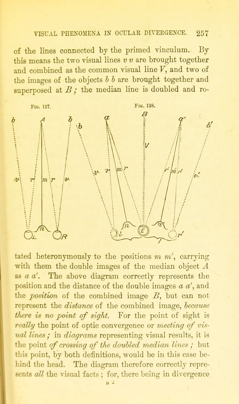 of the lines connected by the primed vinculum. By this means the two visual lines v v are brought together and combined as the common visual line V, and two of the images of the objects b b are brought together and superposed at B; the median line is doubled and ro- Fiq. 12T. I'm. 128. tated heteronymously to the positions m m', carrying with them the double images of the median object A as a a'. The above diagram correctly represents the position and the distance of the double images a a', and the position of the combined image B, but can not represent the distance of the combined image, because there is no point of sight. For the point of sight is really the point of optic convergence or meeting of vis- ual lines ; in diagrams representing visual results, it is the point of crossing of the doubled median lines / but this point, by both definitions, would be in this case be- bind tbe head. The diagram therefore correctly repre- sents all the visual facts ; for, there being in divergence